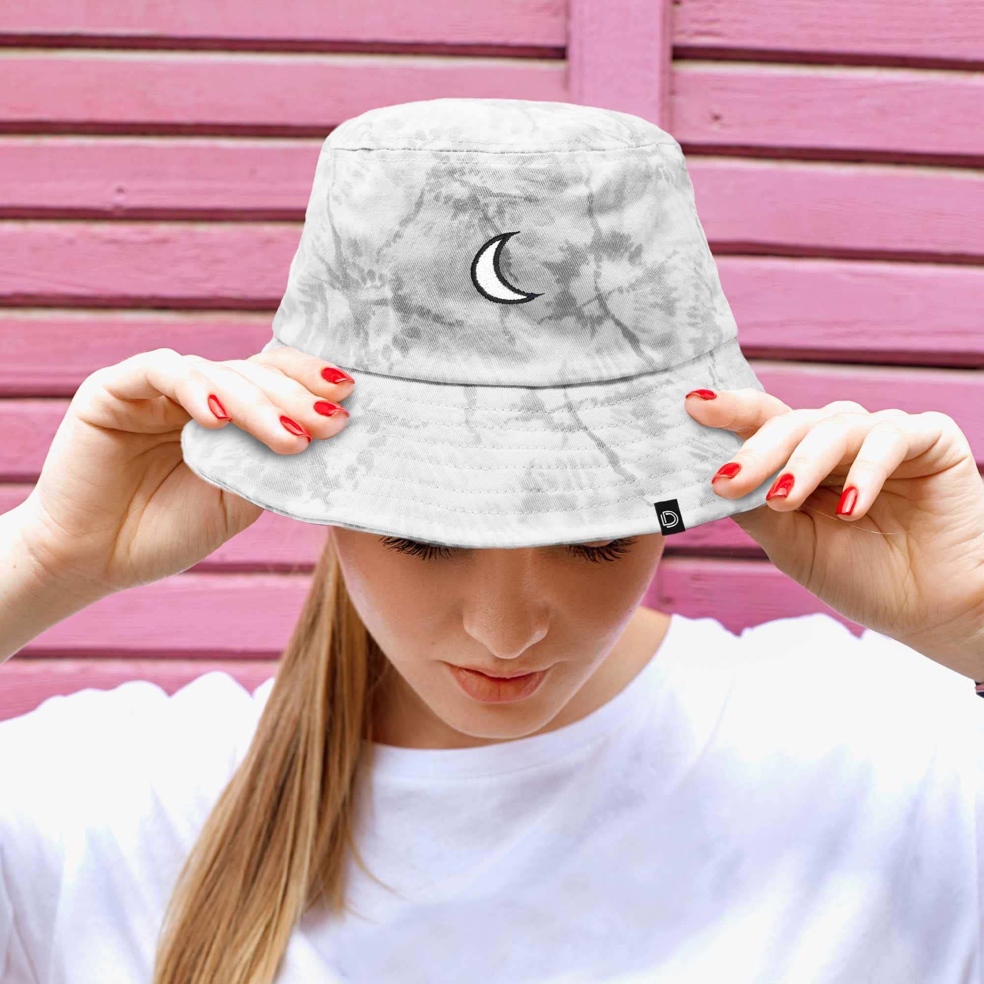 DALIX Embroidered Moon Tie Dye Cotton Bucket Hat for Women & Men - Breathable Summer Sun Hat for Outdoor Activities, Beach, Hiking, and Travel - Gray