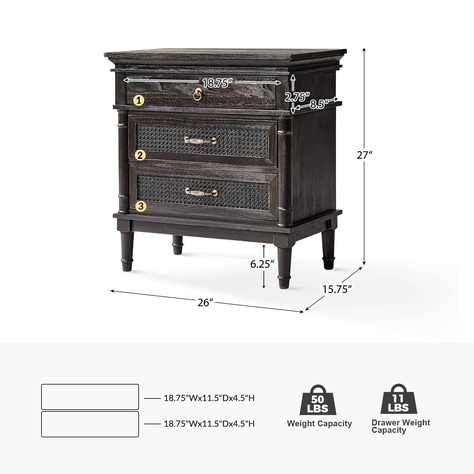 Emilio 3-Drawer Solid Wood Nightstand with USB Charging Port - Modern Bedside Table for Bedroom, Living Room & Office - Perfect for Charging Devices & Storage