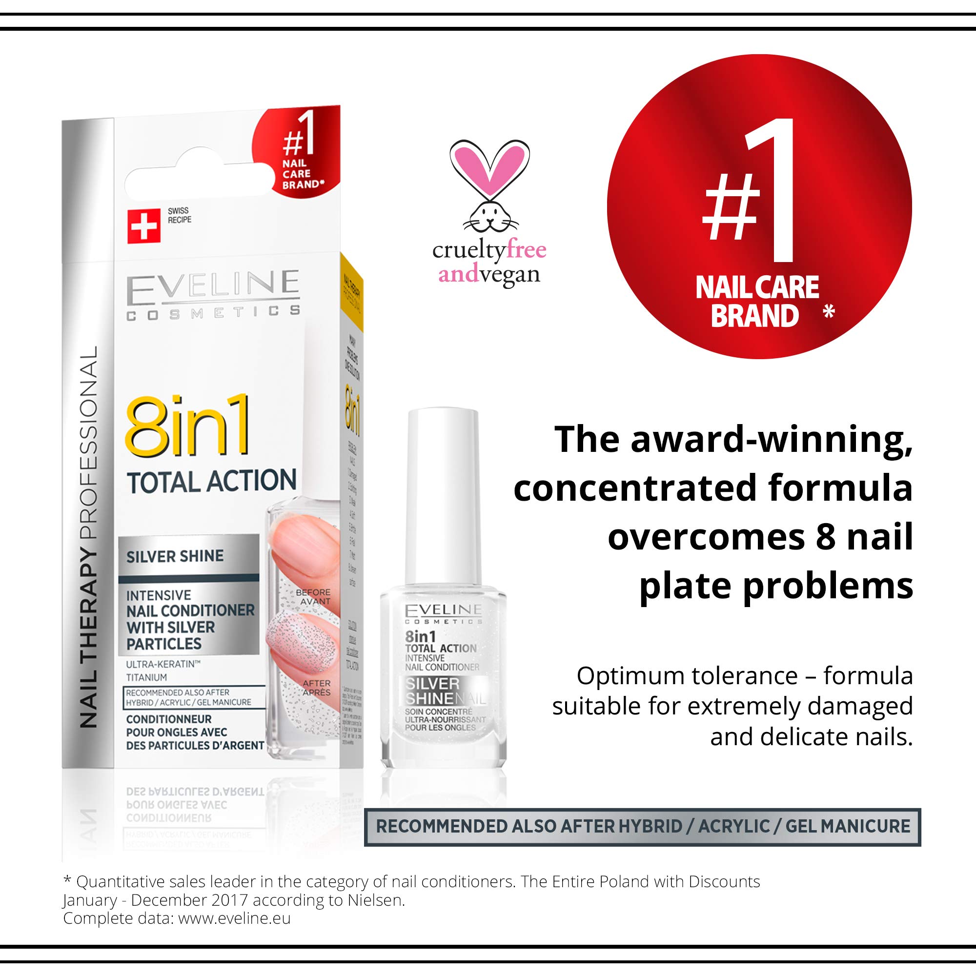Eveline Cosmetics 8W1 Silver Nail Balm - 12ml Moisturizing & Strengthening Treatment for Dry, Brittle Nails - Perfect for Home Manicures & Nail Care Routine