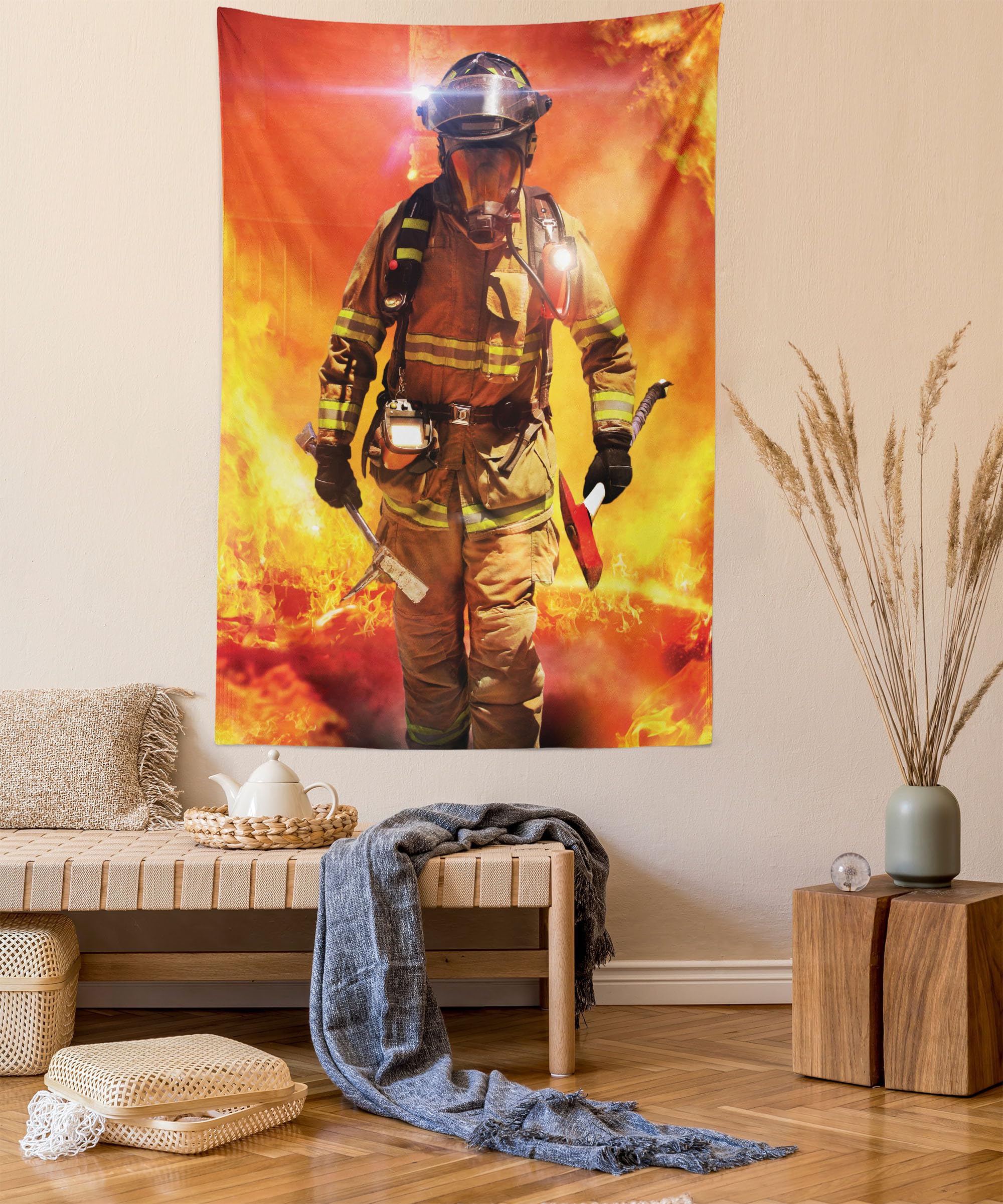 Lunarable Emergency Services Tapestry - Man Searching for Survivors in Building Illustration, 60