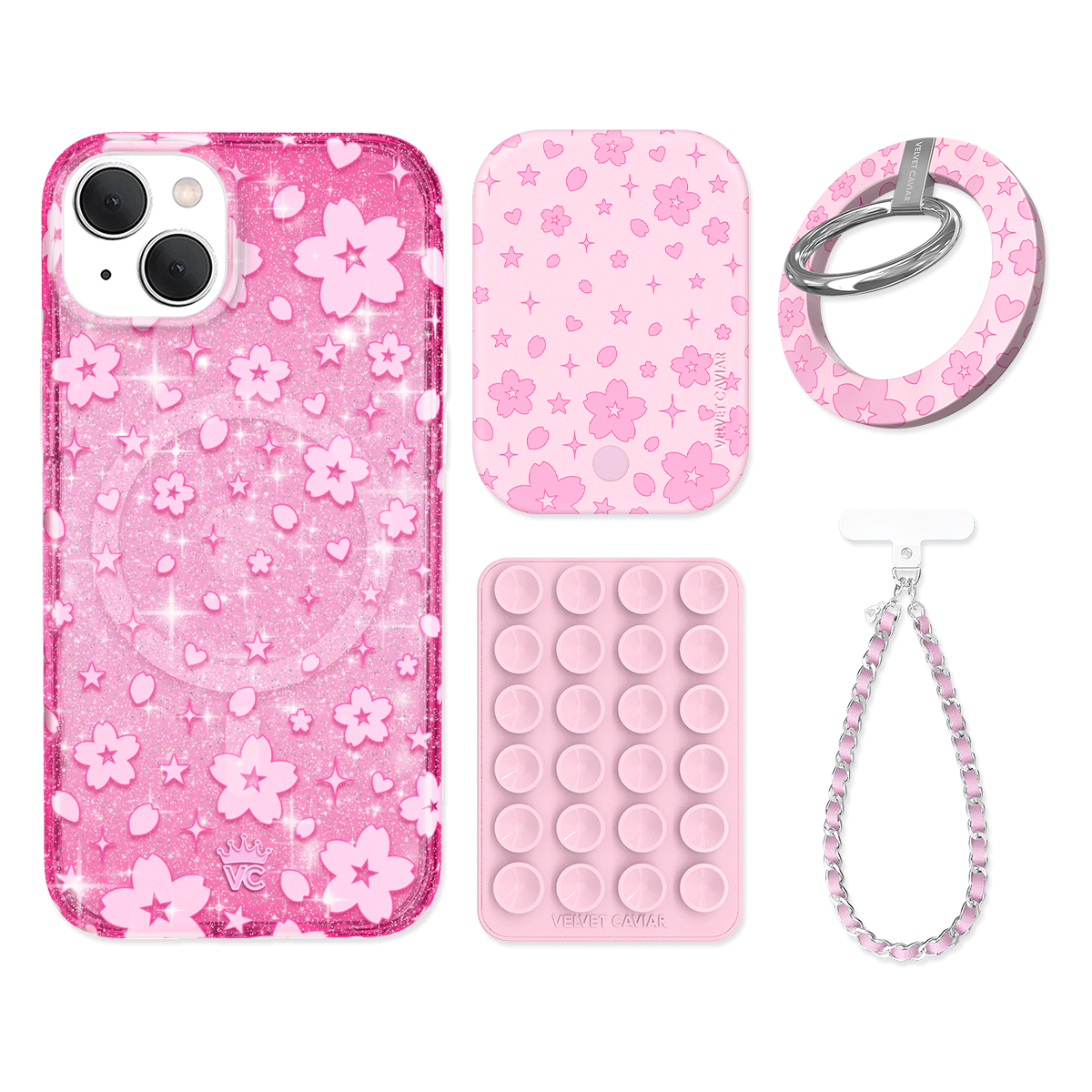 Cherry Blossom Glitter iPhone Case with Grip - Cute Floral Phone Cover for iPhone 13/14/15 Pro Max - Non-Slip Shockproof Protection - Perfect for Daily Use, Travel & Selfies
