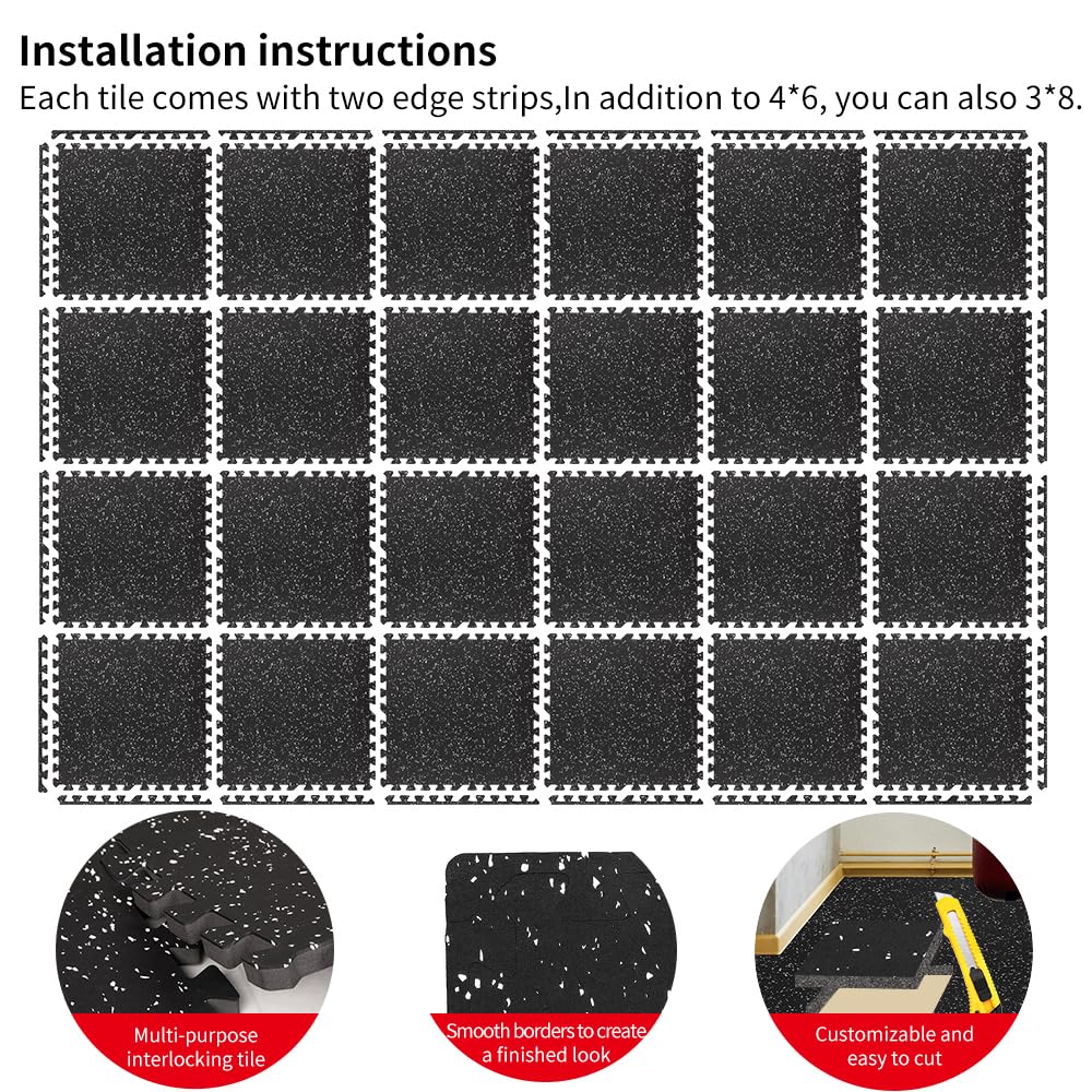 0.56in Thick 96 Sq Ft Interlocking Rubber Gym Flooring Tiles - 24-Piece EVA Foam Exercise Mat Set for Home Gym & Fitness Room | Durable Workout Equipment Mats for Weightlifting, Yoga & Cardio Training