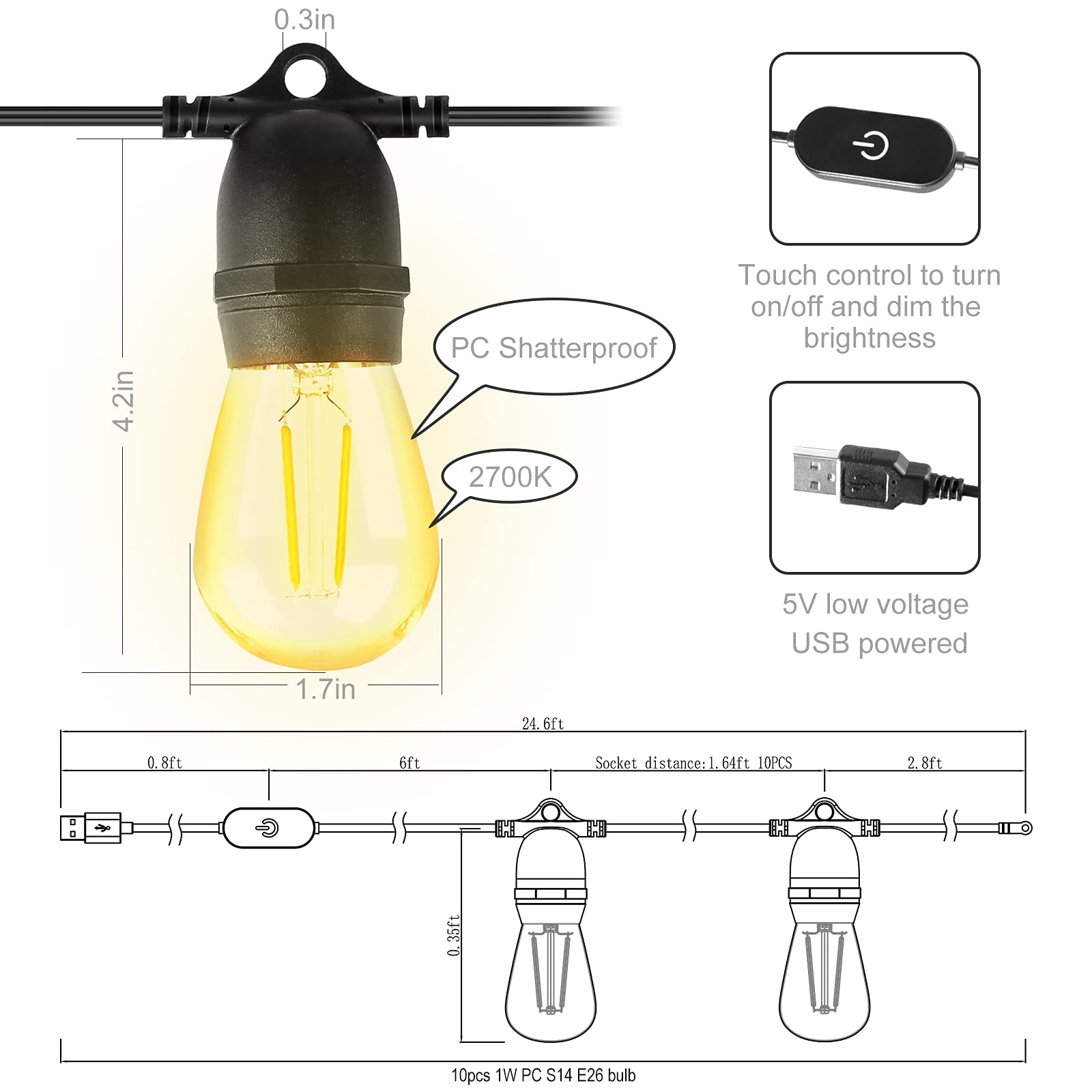 ROMANJOY 24.6FT USB Powered Dimmable Waterproof LED String Lights with 10 Shatterproof S14 Edison Bulbs - Outdoor Patio Lights for Backyard, Porch, Camping, Christmas Decor | Perfect for Garden Parties, Wedding Decorations & Cozy Ambiance Lighting