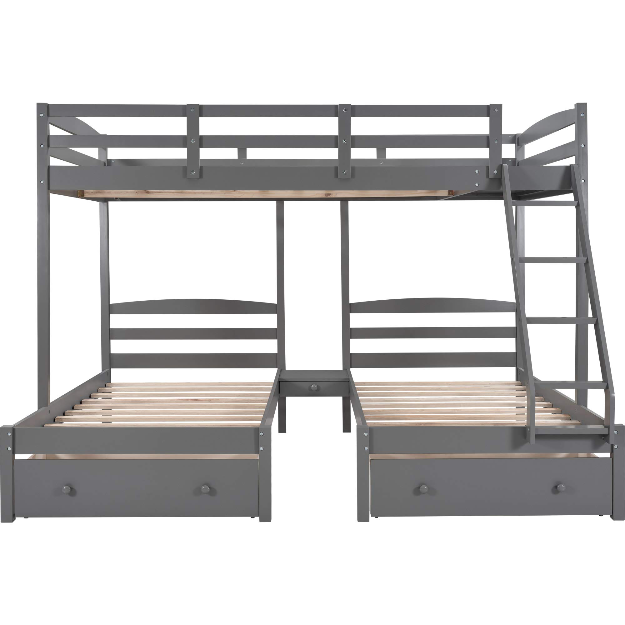 HERI Triple Bunk Bed - Full Over 2 Twin Bunk Beds with 3 Storage Drawers & Safety Guardrails (Gray) - Space Saving Solution for Kids' Bedrooms, Dorm Rooms & Vacation Homes