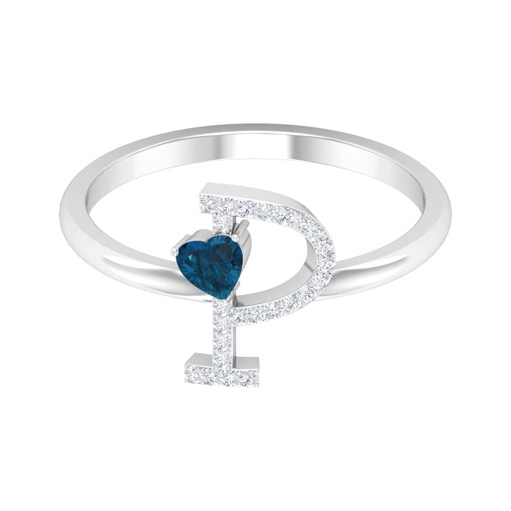 London Blue Topaz & Diamond Rings | Diamond Alphabet A-Z Initial Rings for Women | 14K White Gold Heart Rings | Perfect for Birthdays, Anniversaries & Personalized Gifts