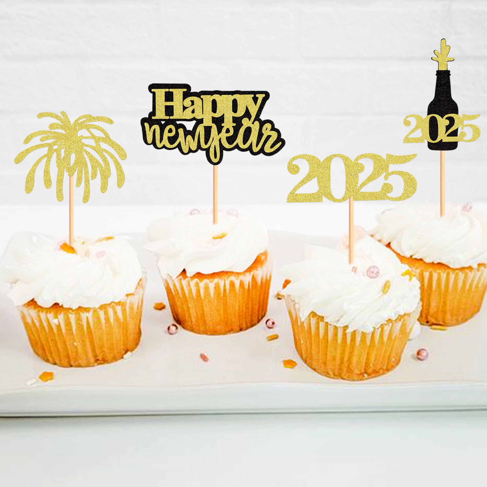 24 Pcs Gold Black Glitter Happy New Year 2025 Cupcake Toppers - Cheers to 2025 Cake Picks for New Year's Eve Party Decorations - Perfect for NYE Celebrations, Birthday Parties & Holiday Desserts