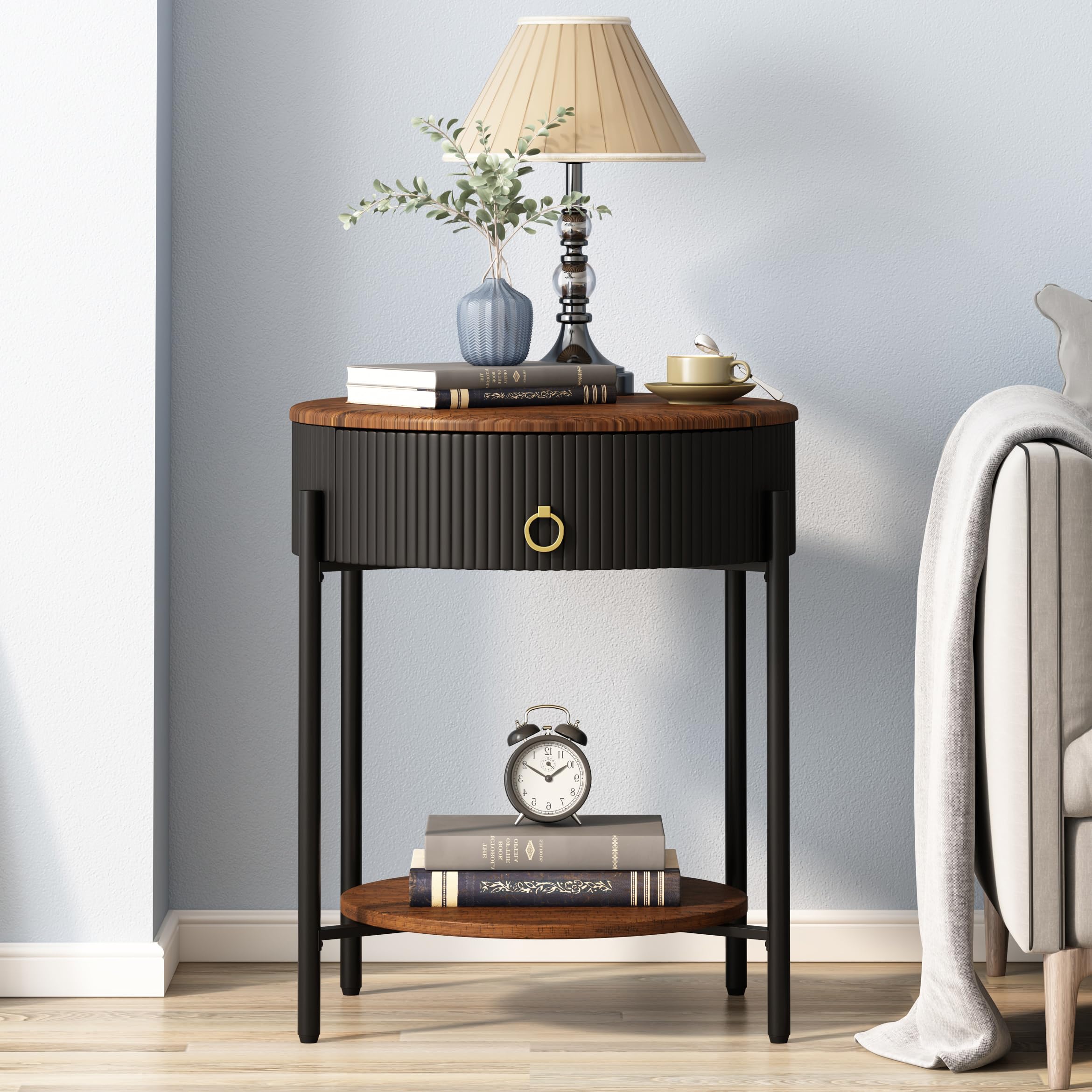 Modern Industrial Side Table with Drawer & 2-Tier Shelf - Wood Grain Nightstand with Storage for Living Room, Bedroom, Office & Dorm - Perfect for Small Spaces & Apartment Living (Black)