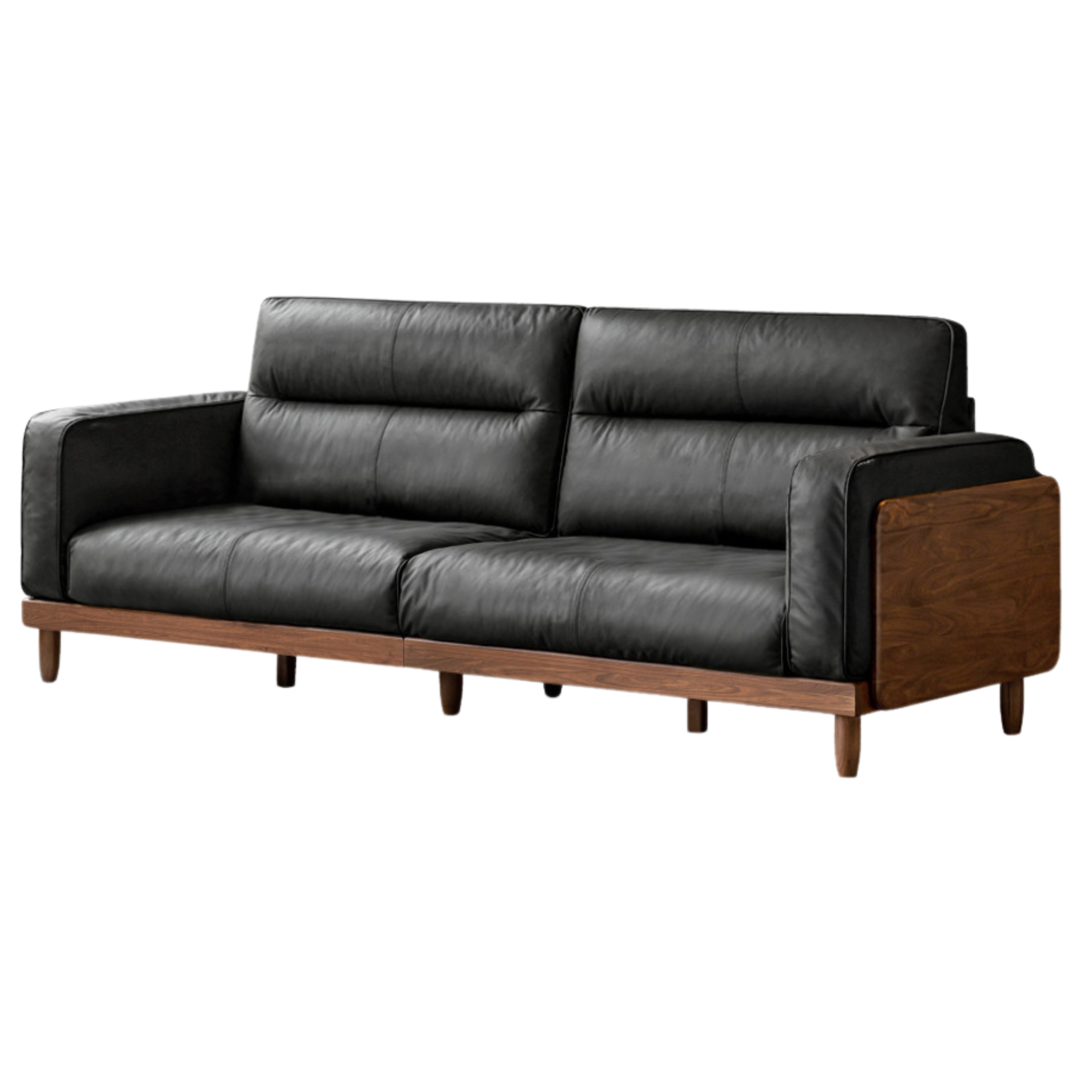 Premium Black Walnut & Ash Solid Wood Leather Sofa with Genuine Yellow Cowhide Upholstery - Luxury Living Room Furniture for Modern Home Decor