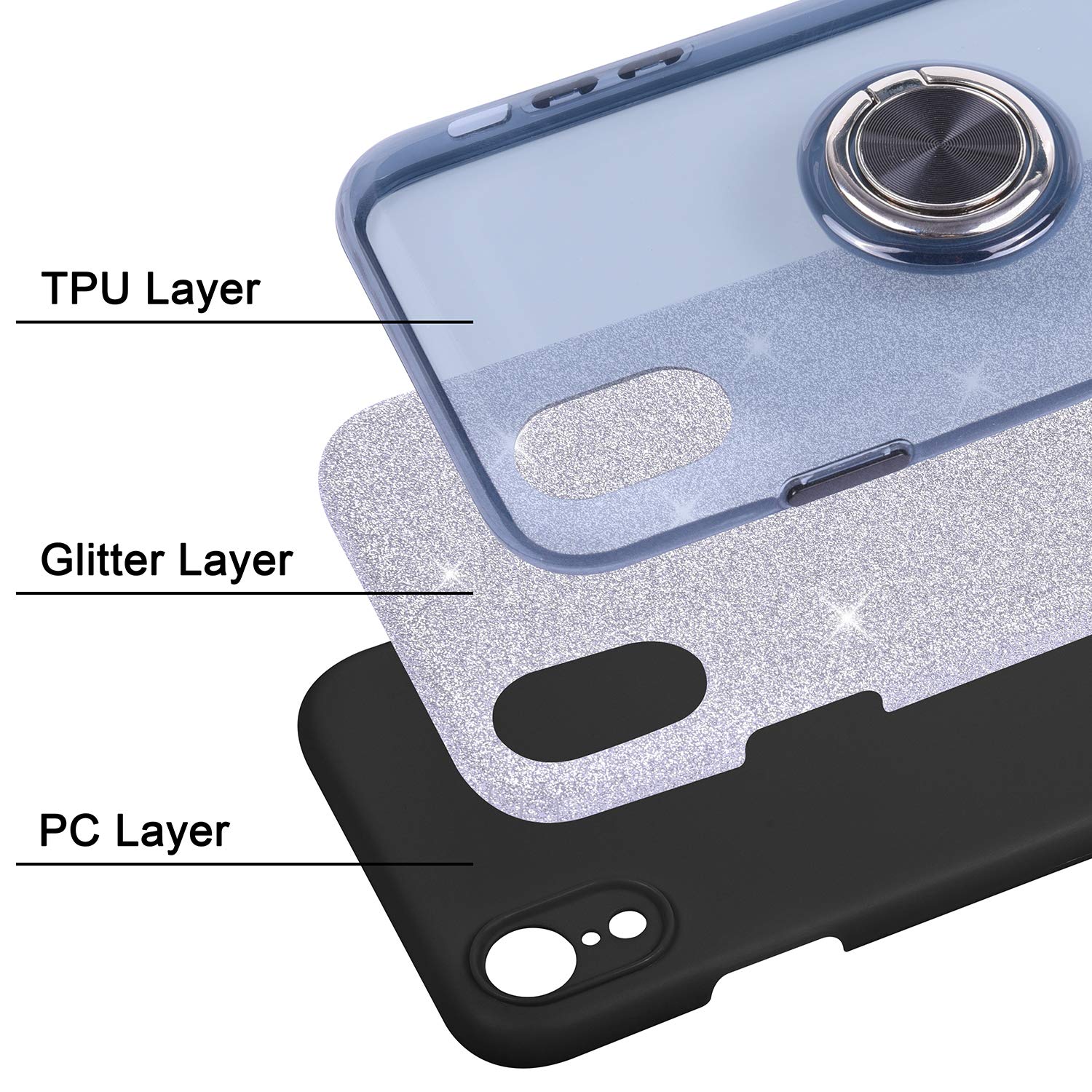 Wisdompro Sparkle Glitter Bling Protective Case with Ring Kickstand for iPhone XR 6.1 Inch - Cute Women Girls Phone Cover in Black | Perfect for Daily Use, Work, and Travel