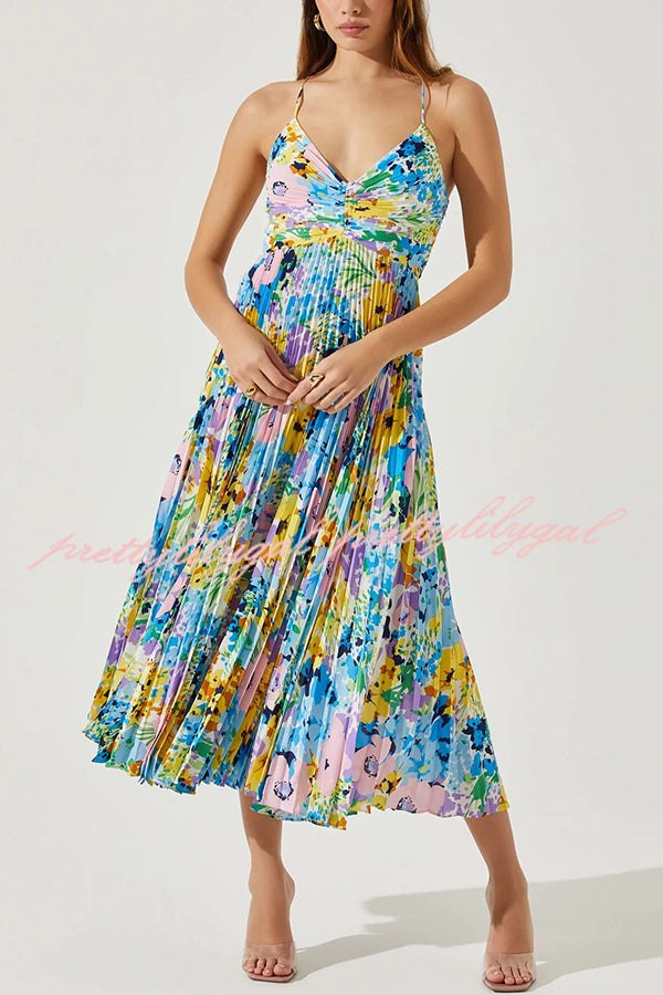 Floral Print Pleated Midi Dress with Back Tie Detail - Perfect for Wedding Parties, Bridal Showers & Summer Events