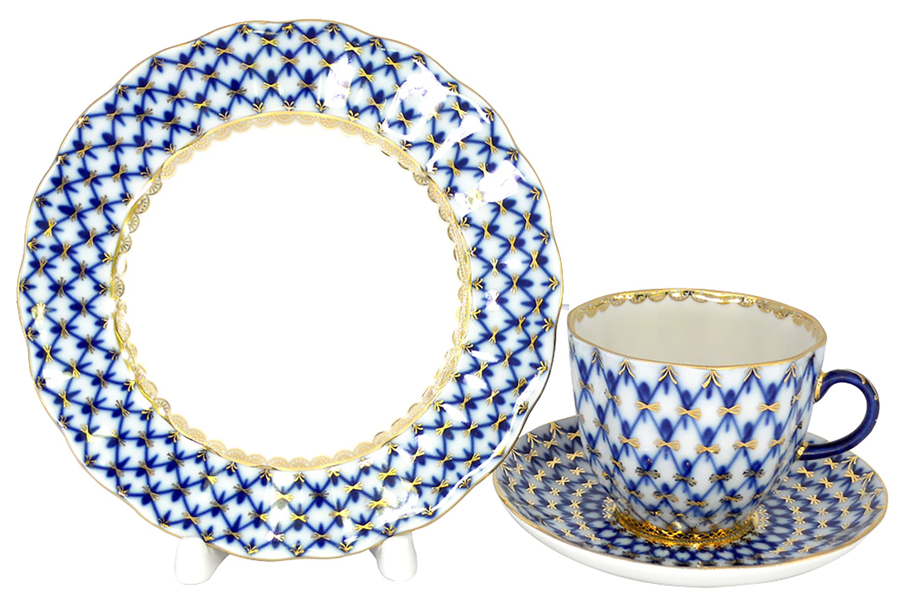 Lomonosov Porcelain Cobalt Net Coffee Cup and Saucer Set - 3 Piece Fine Bone China Tea Cup Set with Gold Accents - Elegant Tea Time & Coffee Break Accessories for Home, Cafe or Gift