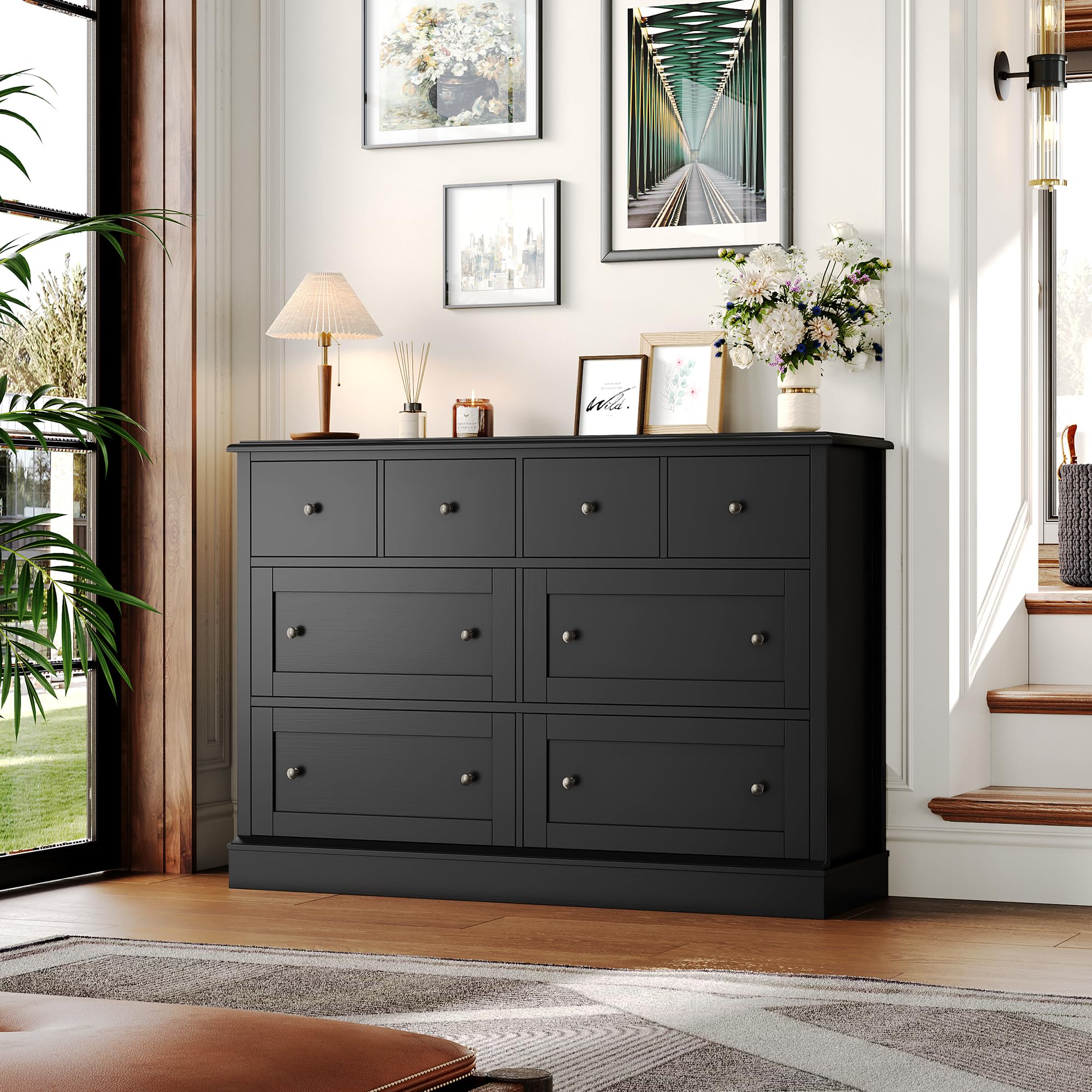 FINETONES 8-Drawer Black Dresser, 47.2