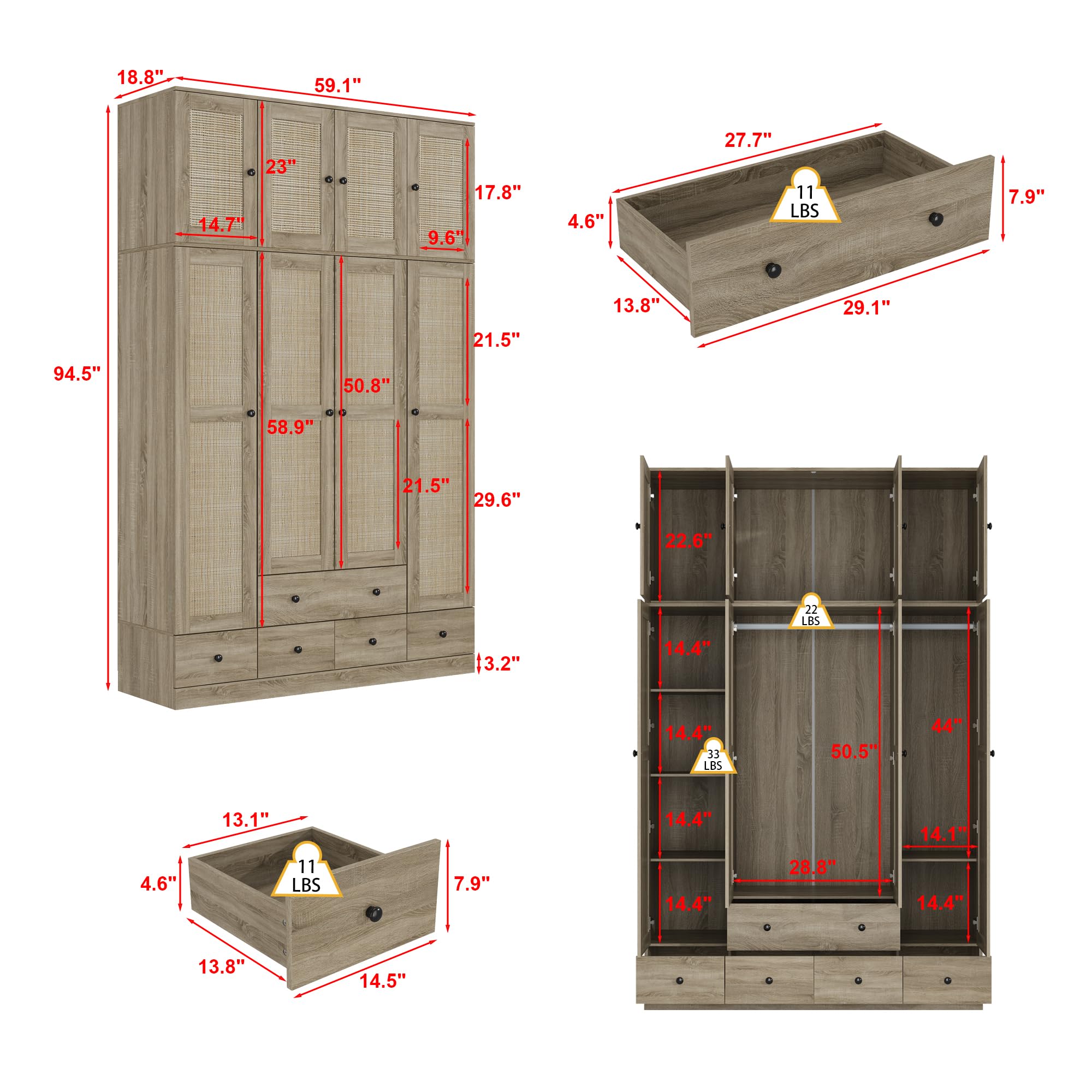 Hitow 8-Door Rattan Wardrobe Cabinet with 5 Drawers & Hanging Rod - 18.8