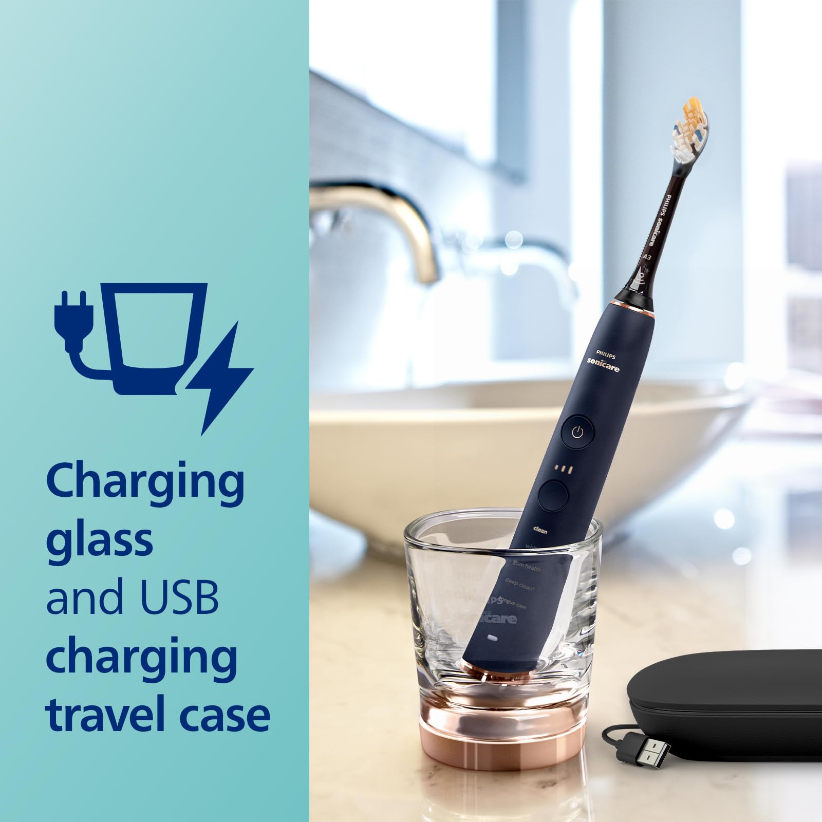Philips Sonicare DiamondClean Smart 9700 Electric Toothbrush - Sonic Toothbrush with Bluetooth App, Pressure Sensor & Brush Head Detection - 5 Modes & 3 Intensity Levels - Lunar Blue (HX9957/71) - Perfect for Travel & Family Oral Care