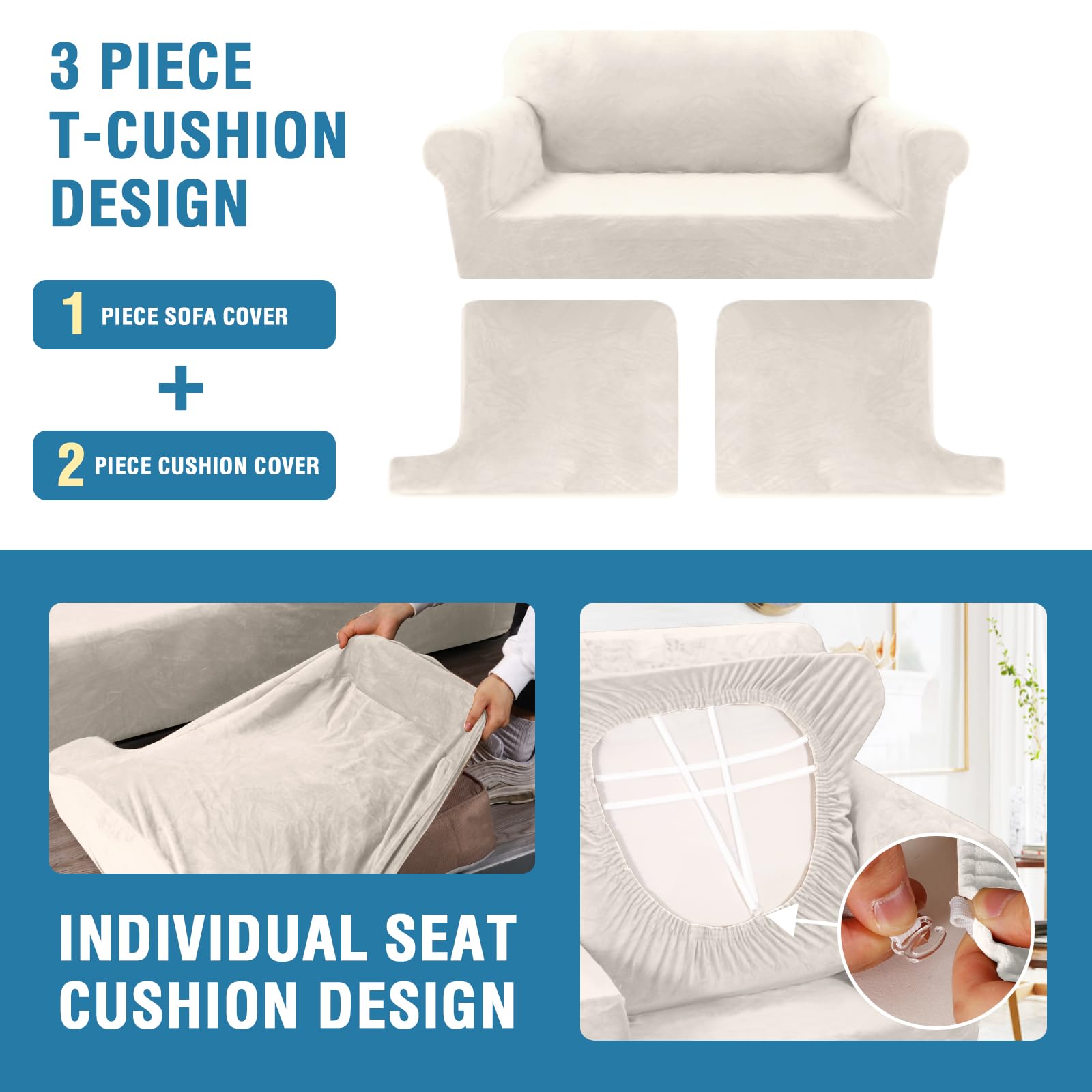 H.VERSAILTEX 3-Piece Velvet Sofa Cover Set for Loveseat - Thick Stretchable Couch Slipcover with 2 Individual Cushion Covers, Washable Furniture Protector (Ivory) - Perfect for Living Room, Apartment & Pet-Friendly Homes