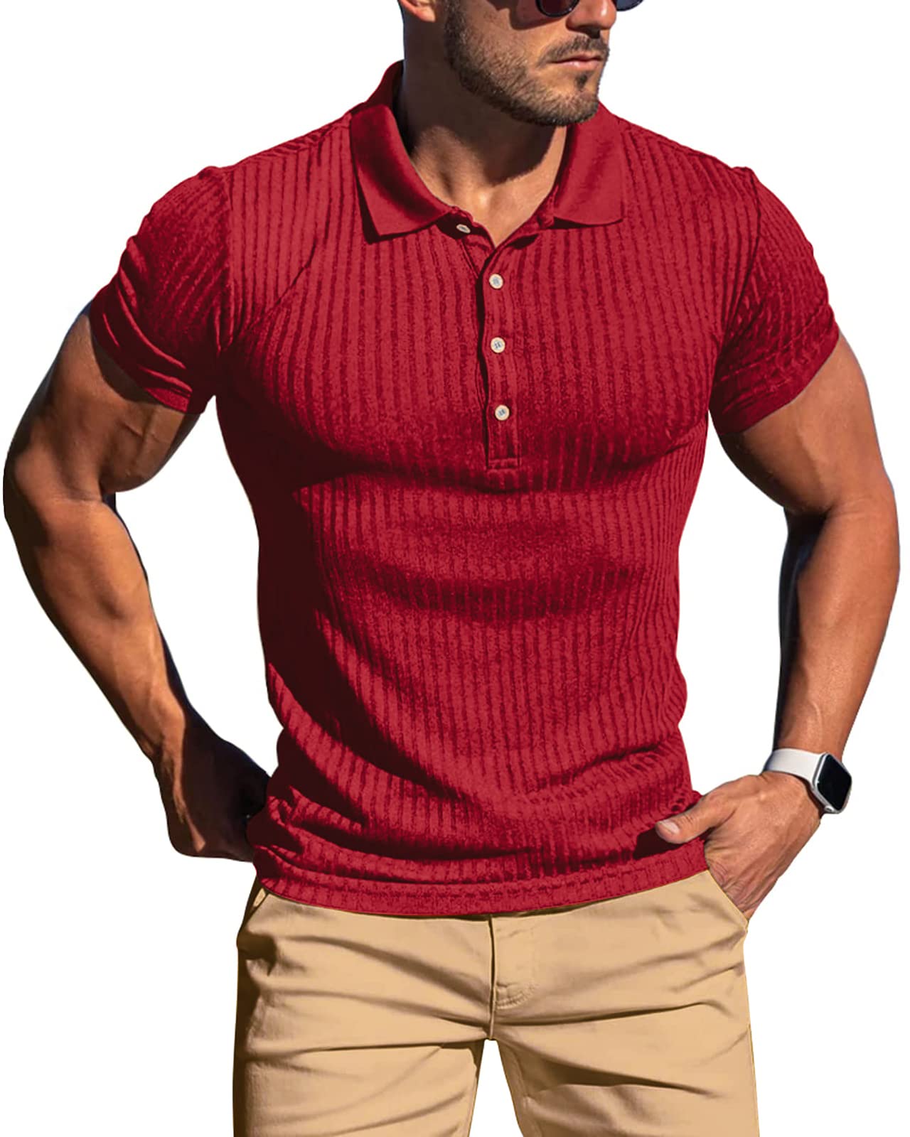 Men's Slim Fit Muscle Polo Shirts - Short Sleeve Ribbed Knit Golf & Bowling Shirts - Breathable Dry Fit Casual Tee for Sports, Work & Outdoor Activities