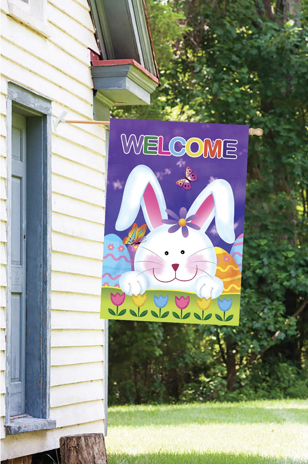 Morigins Welcome Bunny Eggs 28x40 Inch Easter Spring House Flag - Cute Rabbit & Tulip Design for Outdoor Garden Decor | Perfect for Easter Decorations, Front Yard Display, and Seasonal Holiday Celebrations