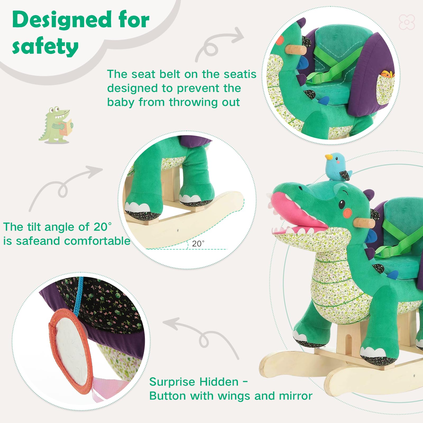 Labebe Green Crocodile Plush Rocking Horse Toy for Toddlers 6 Months to 3 Years - Soft Stuffed Animal Rocker Chair with Wooden Base | Perfect for Nursery Decor, First Birthday Gifts & Early Childhood Development