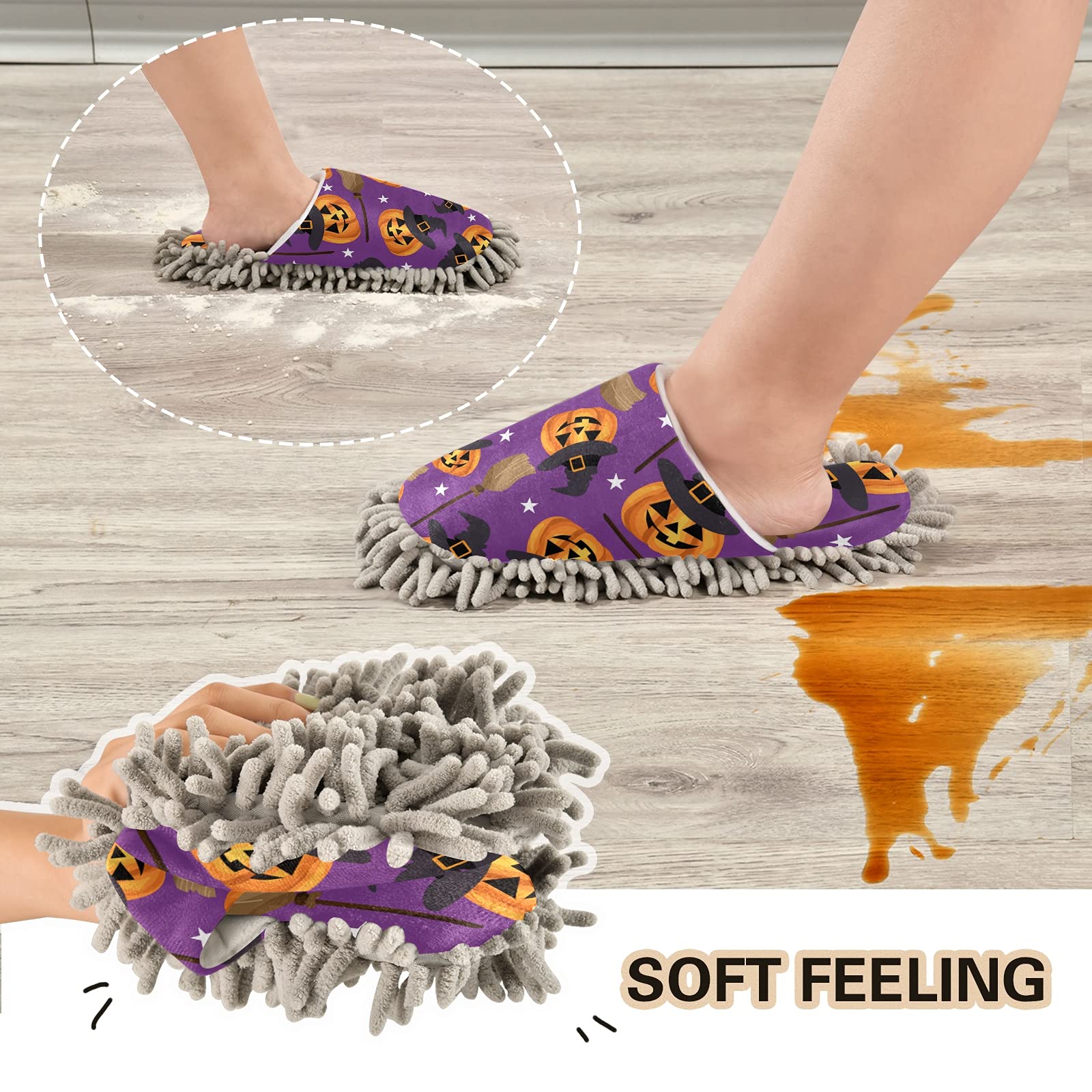 Halloween Pumpkin Mop Slippers - Witch Hat & Stars Design - Soft House Cleaning Shoes for Dusting & Spa - Unisex Home Slippers for Men & Women - Perfect for Halloween Parties, Home Cleaning & Relaxation