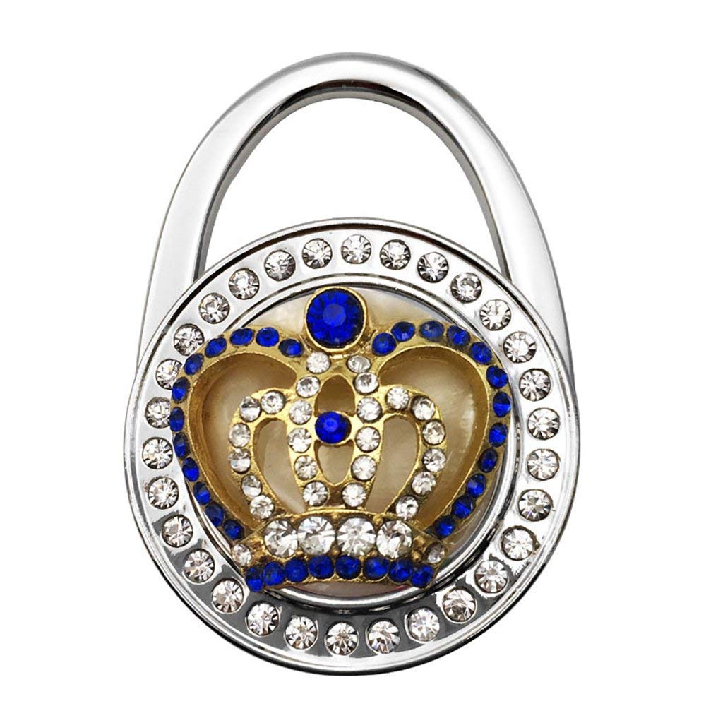 Shining Double Row Rhinestone Queen Crown Foldable Purse Hook - Navy Blue Handbag Hanger for Tables | Restaurant, Bar, Office & Home Use