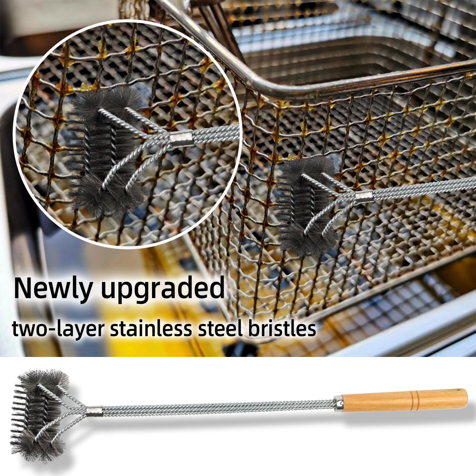 3-Piece Stainless Steel Deep Fryer Cleaning Kit - Basket Brush, L-Shape Scrubber & Cleanout Rod - Professional Air Fryer & Deep Fryer Maintenance Tools for Home & Commercial Kitchens