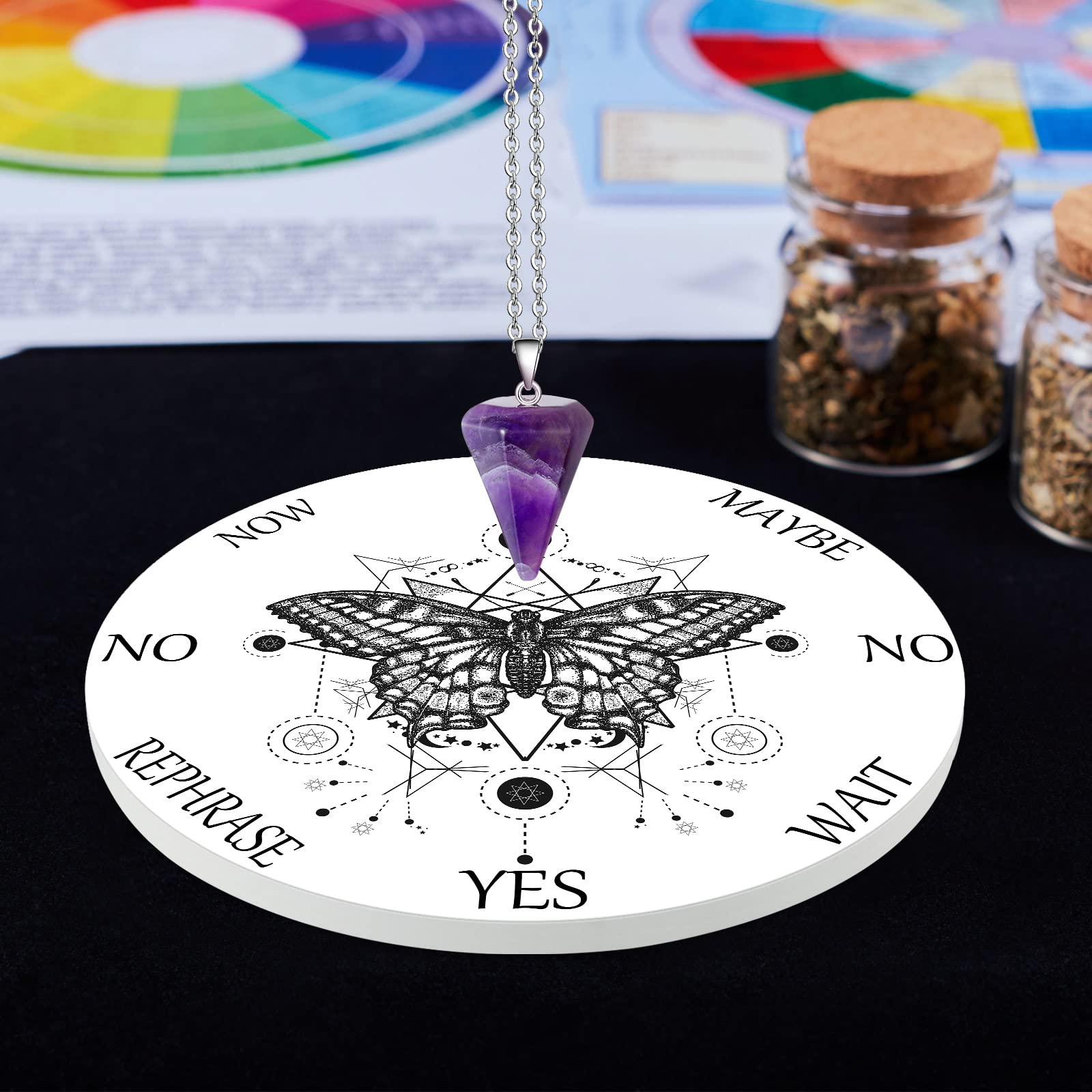 Butterfly Pendulum Board for Dowsing & Divination - Crystal Pendulum Necklace Set for Witchcraft, Altar Supplies & Metaphysical Practices - Perfect for Beginners (Ceramic Board) - Ideal for Spiritual Guidance, Energy Work & Witchcraft Rituals