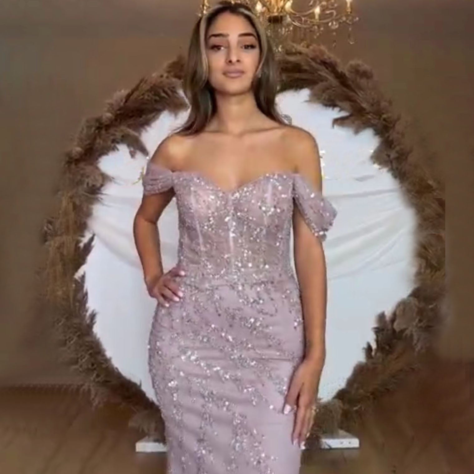 Elegant Beaded Off-Shoulder Pink Evening Gown for Women - Serene Hill Mermaid Luxury Dress 2025 (LA71653) | Perfect for Prom, Cocktail Parties & Formal Events