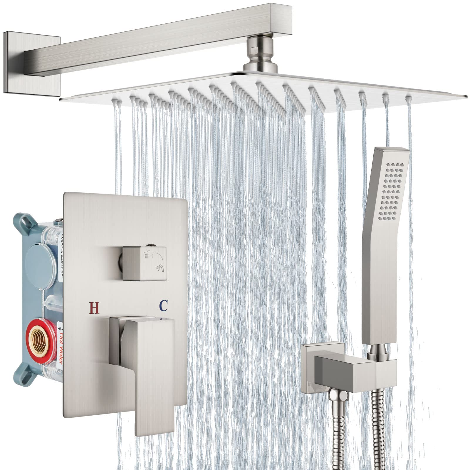 Aolemi 10 Inch Brushed Nickel Shower Faucet Set - Rain Shower System with Handheld Spray, Rough-in Valve & Trim Kit - Wall Mount Bathroom Shower Combo for Modern Home & Spa Experience
