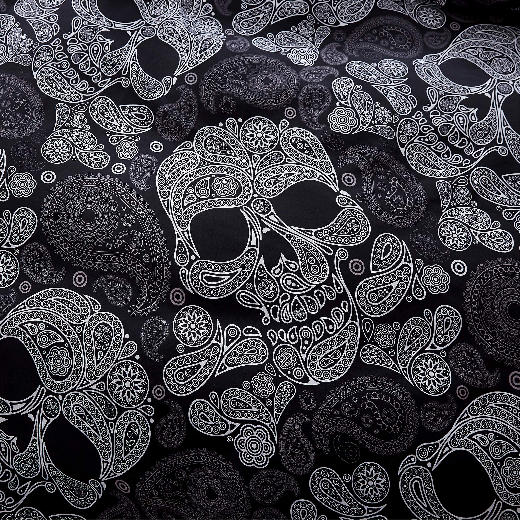 Premium King Size Halloween Duvet Cover Set - Skull Skeleton & Paisley Floral Pattern Luxury Soft Bedding (1 Duvet Cover + 2 Pillowcases) Black - Perfect for Spooky Bedroom Decor & Seasonal Home Styling