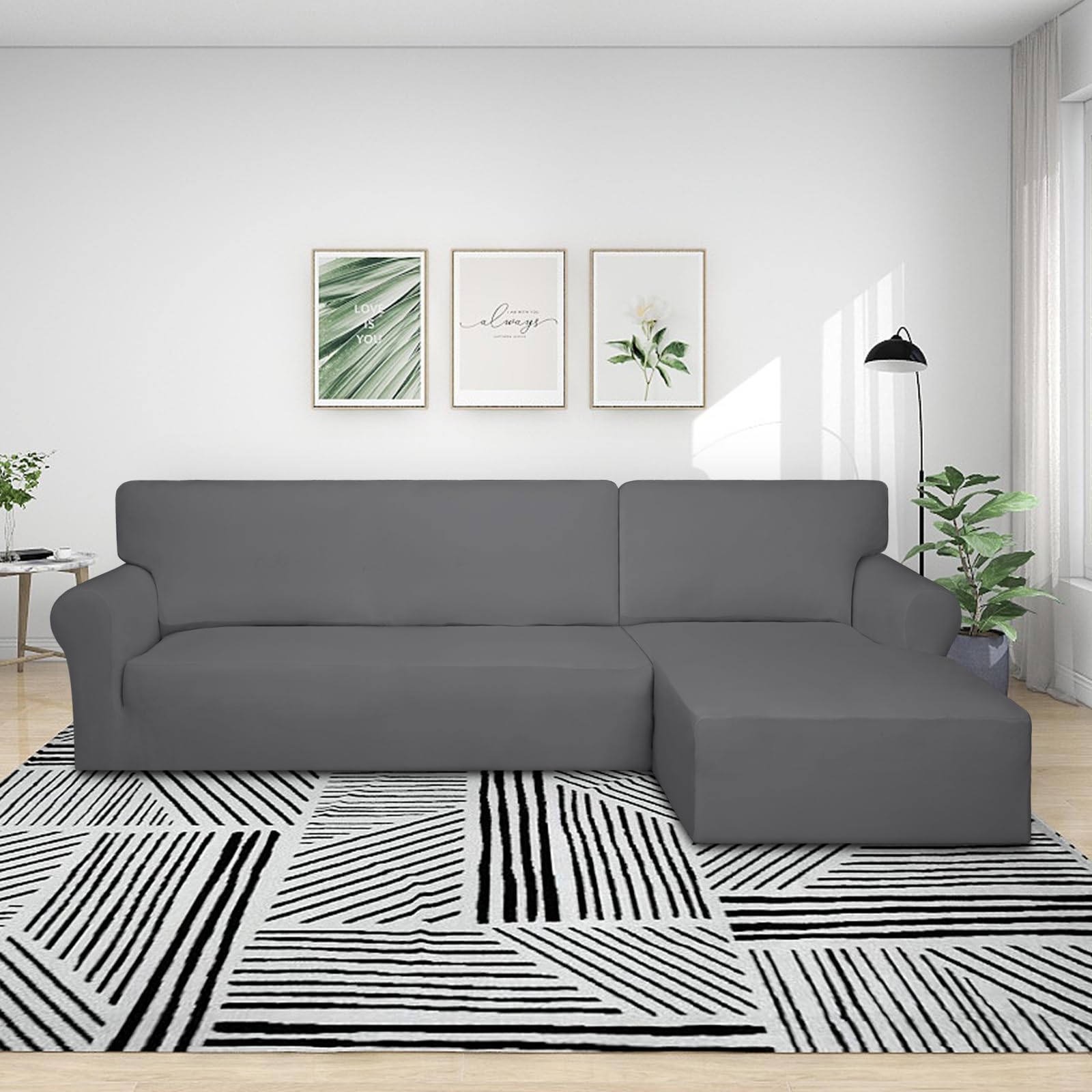 PureFit Super Stretch Sectional Couch Covers - 2 Piece Spandex Non-Slip Sofa Protector with Elastic Bottom for L-Shaped Couches, Pet & Kid Friendly (3-Seater + Chaise Lounge, Gray) | Perfect for Living Room, Family Room & Home Theater Furniture Protection