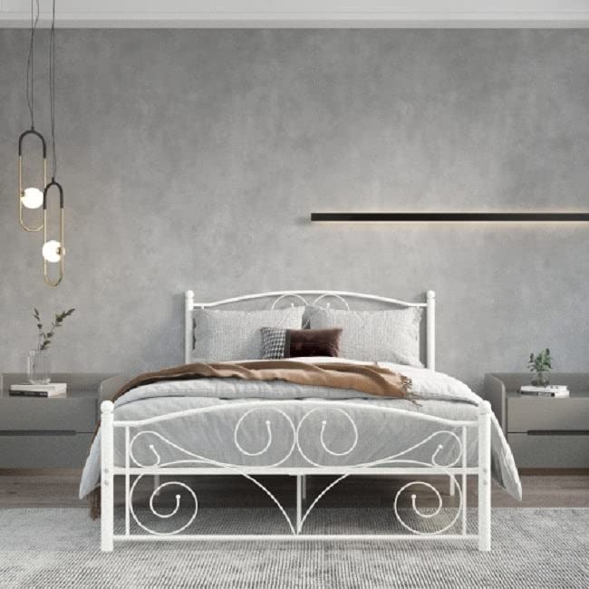 Queen Size Metal Bed Frame with Headboard & Footboard - Sturdy Flower Design, White Modern Finish - Perfect for Contemporary Bedrooms & Guest Rooms