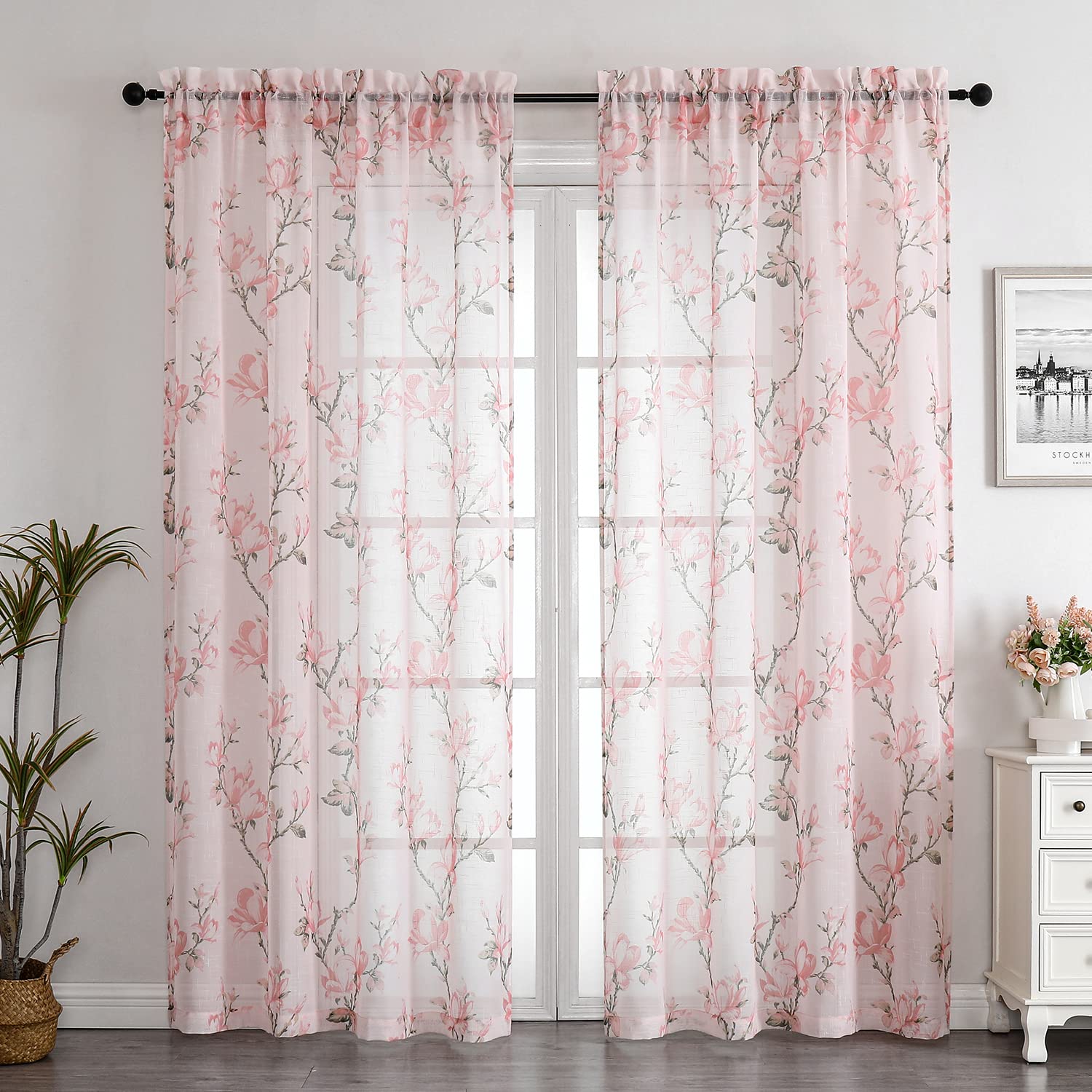 SMILE WEAVER Blush Pink Sheer Linen Curtains 84 Inches - Light Filtering Semi-Sheer Voile Window Drapes with Rod Pocket, Floral Design for Living Room, Bedroom & Kitchen (52W x 84L, Set of 2 Panels) - Perfect for Soft Natural Lighting and Elegant Home Decor