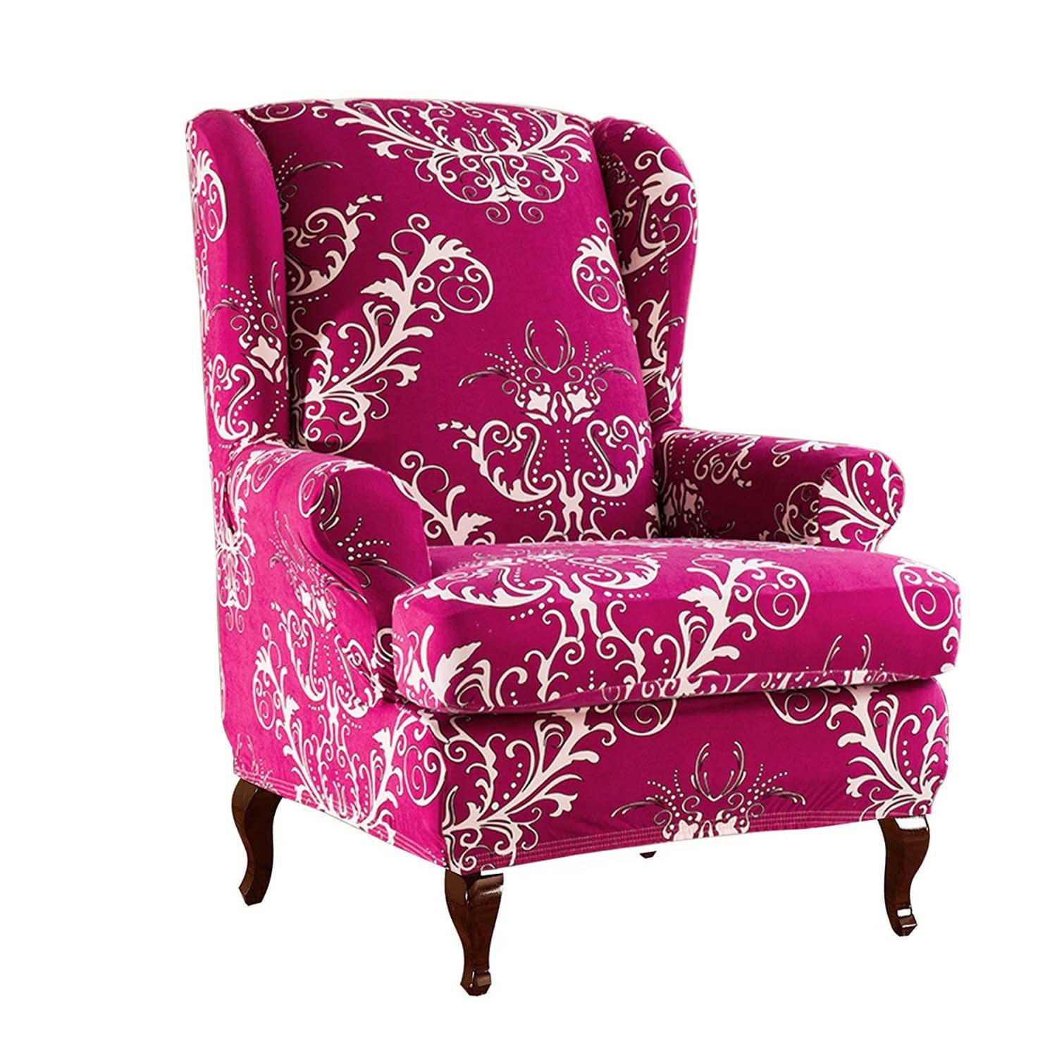 Stretch Wingback Chair Slipcover 2-Piece Set - Pet-Friendly Armchair Cover, Furniture Protector for Living Room Sofas (Blue & Pink) - Perfect for Home Decor, Pet Owners & Daily Use