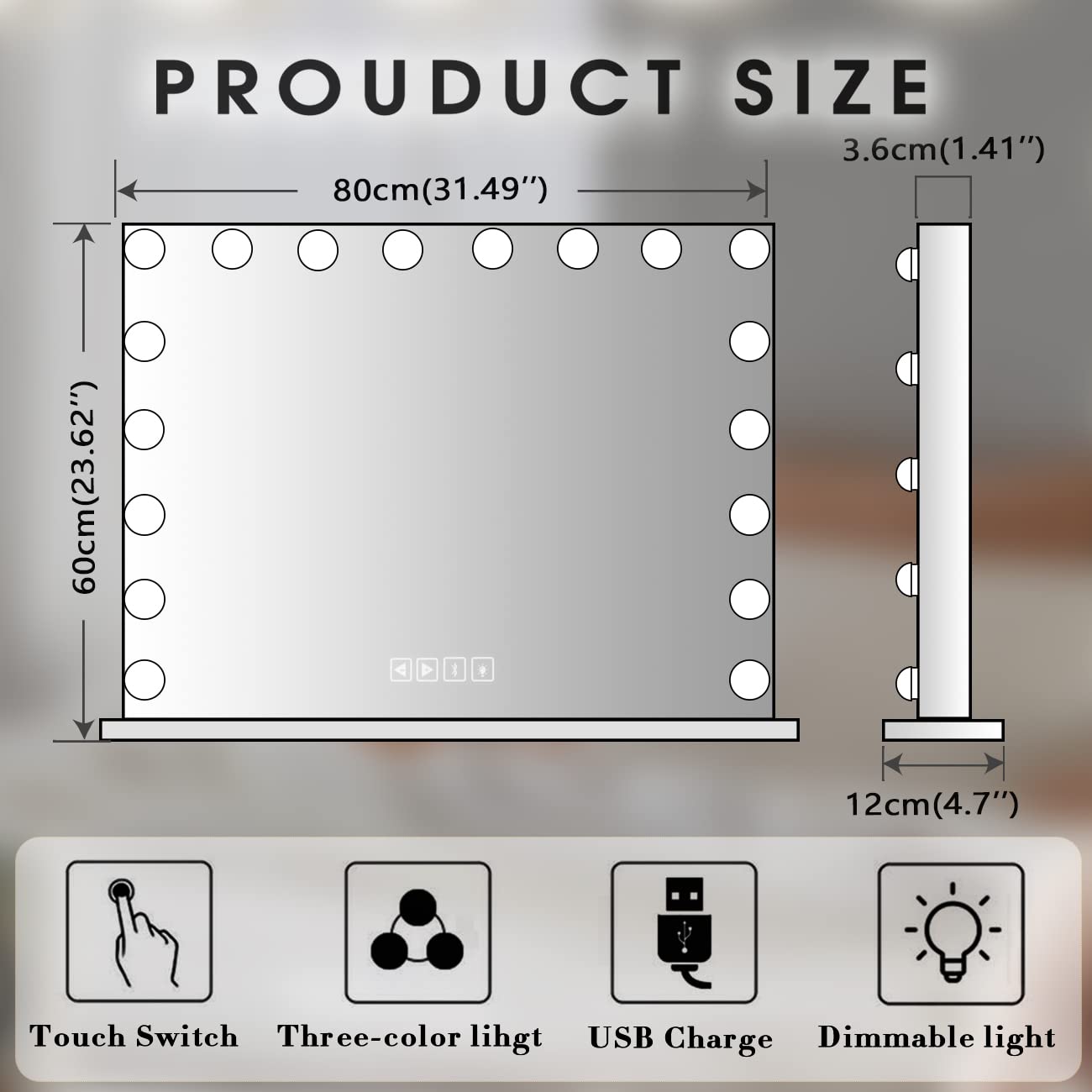 Fenair Large Hollywood Vanity Mirror with Lights & Bluetooth Speaker - 18 Dimmable LED Bulbs, 3 Color Modes, USB Charging Port - Perfect for Makeup, Skincare, Dressing Room & Salon Use