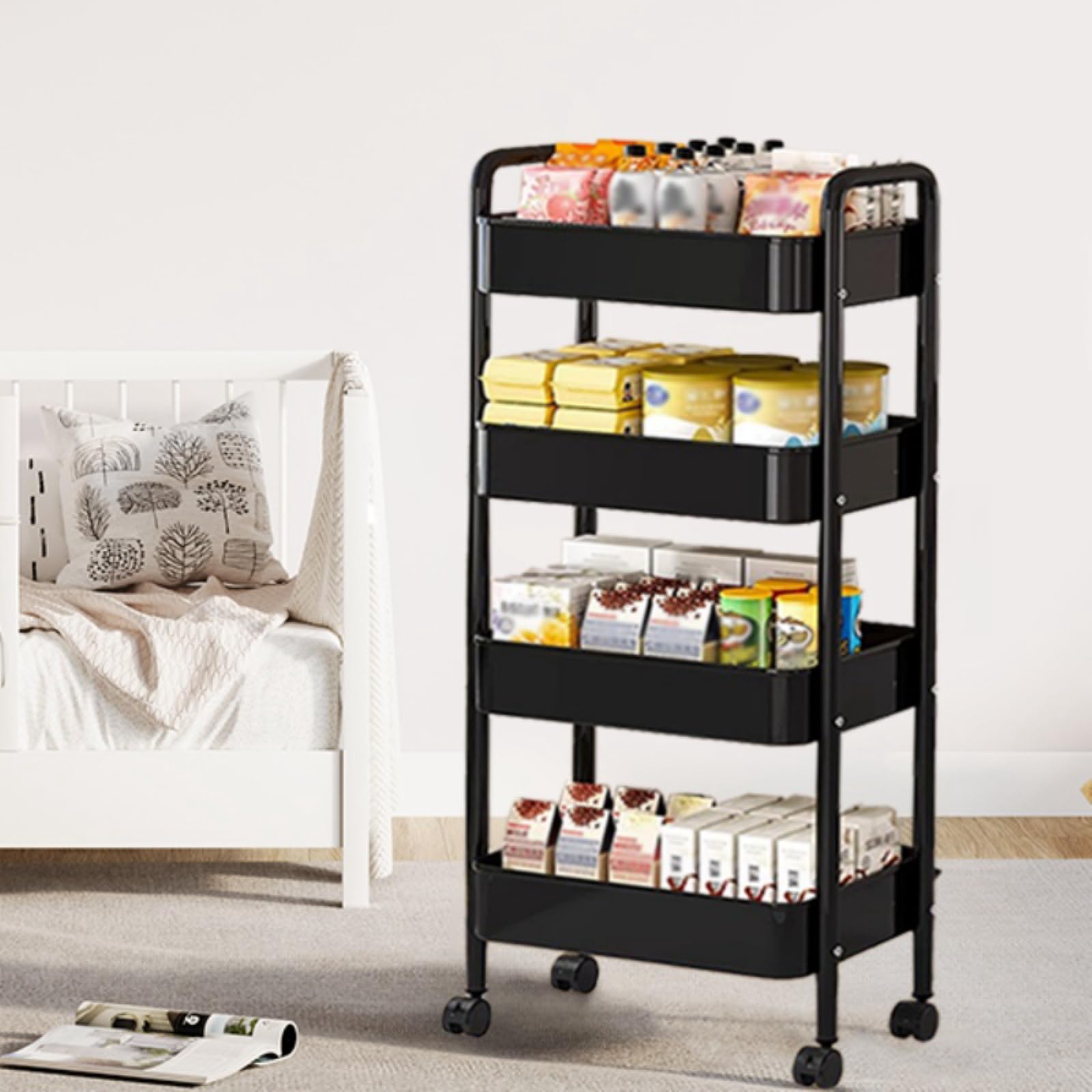 4 Tier Rolling Utility Cart with Wheels - Heavy Duty Metal Storage Organizer for Kitchen, Living Room, Office & Garage - Detachable Mobile Trolley with Locking Casters (Black) - Perfect for Organizing Pantry Items, Bathroom Supplies, Office Files or Garage Tools