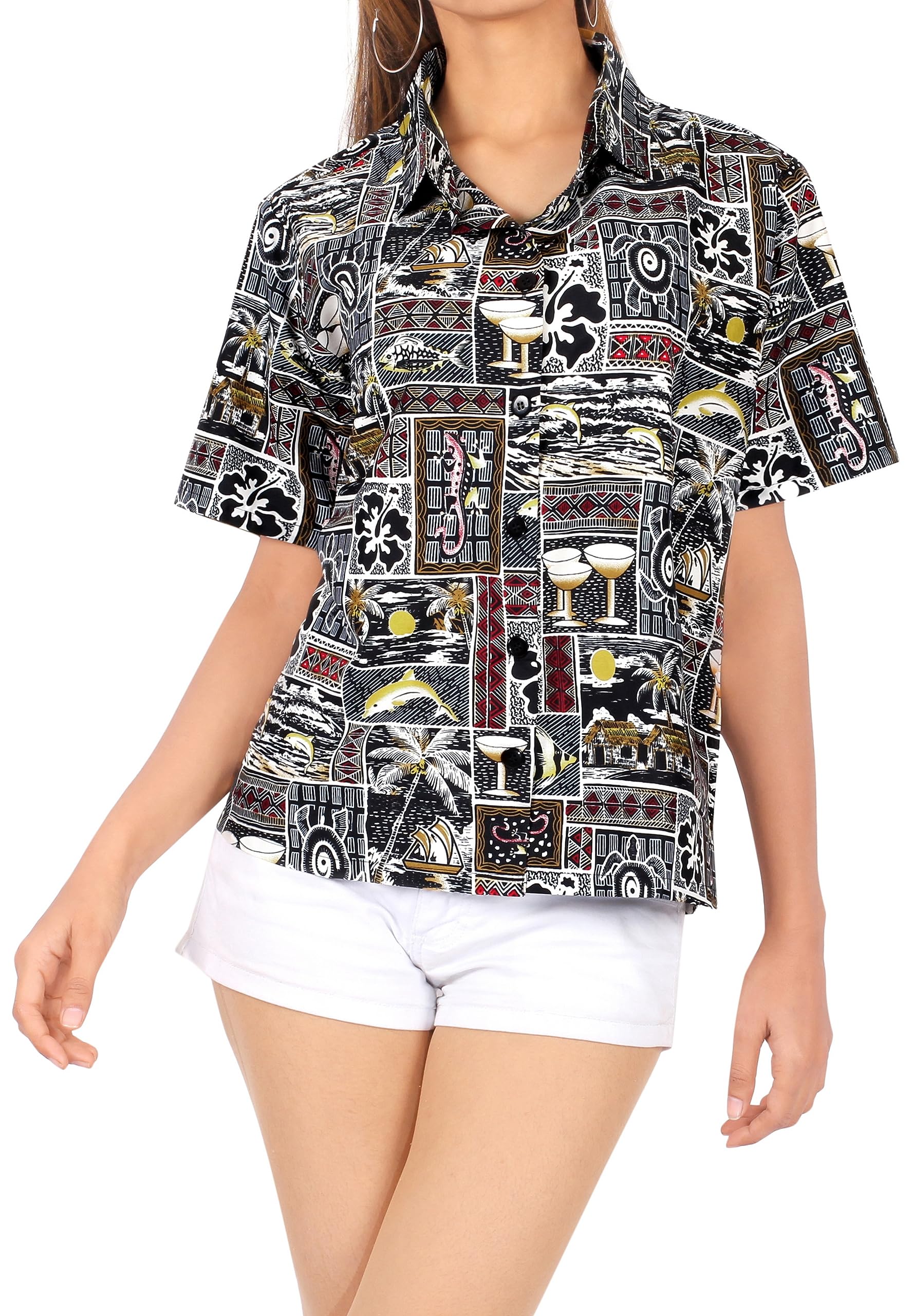 LA LEELA Women's Hawaiian Beach Short Sleeve Blouse - Floral Print Vacation Shirt for Summer, Pool Party & Tropical Getaway
