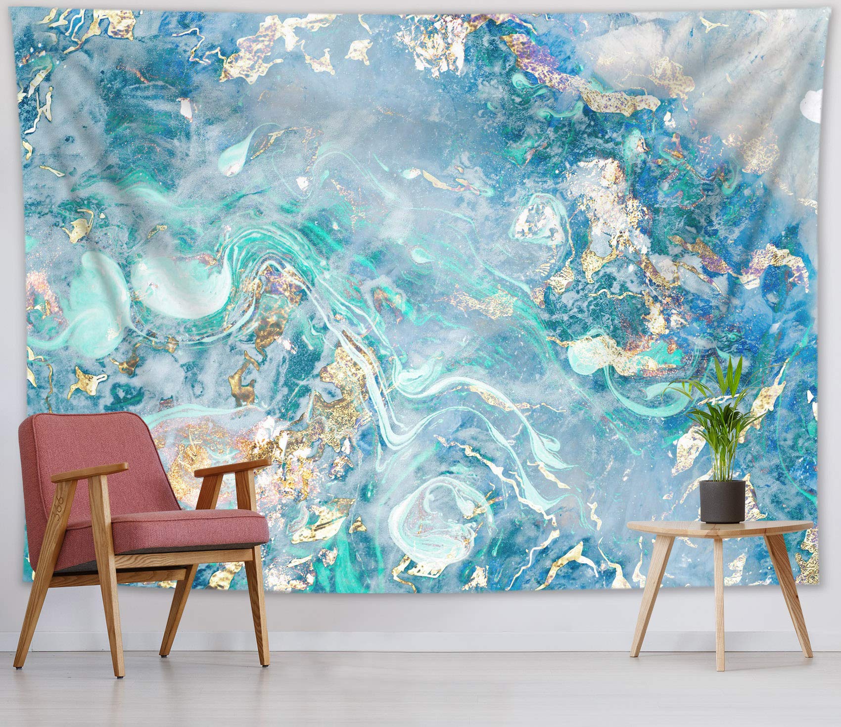 HVEST Modern Marble Abstract Tapestry - Blue Gold Gouache Ocean Art, Natural Swirl Design, 80x60 Inches Wall Hanging for Living Room, Bedroom, Teen Dorm, Indie Decor, Perfect for Home, Office, and Event Spaces