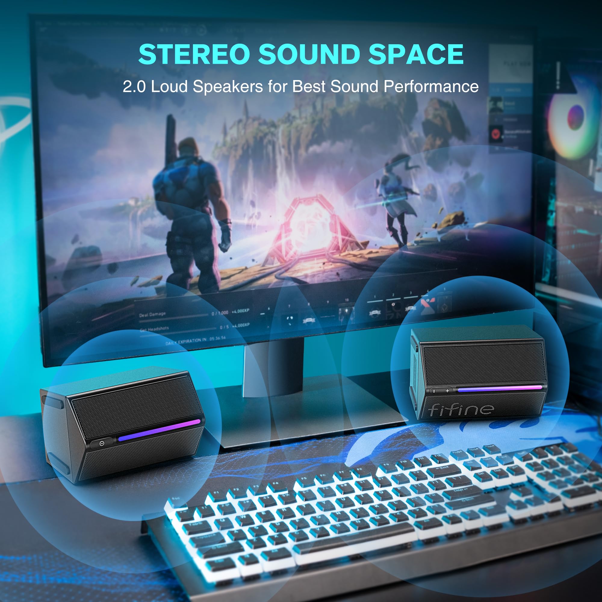 FIFINE RGB Gaming Speaker with USB & 3.5mm Aux - PC Computer Monitor Speakers with Volume Control for Laptop Desktop Projector - Perfect for Gaming, Movies & Music (Ampligame A20)