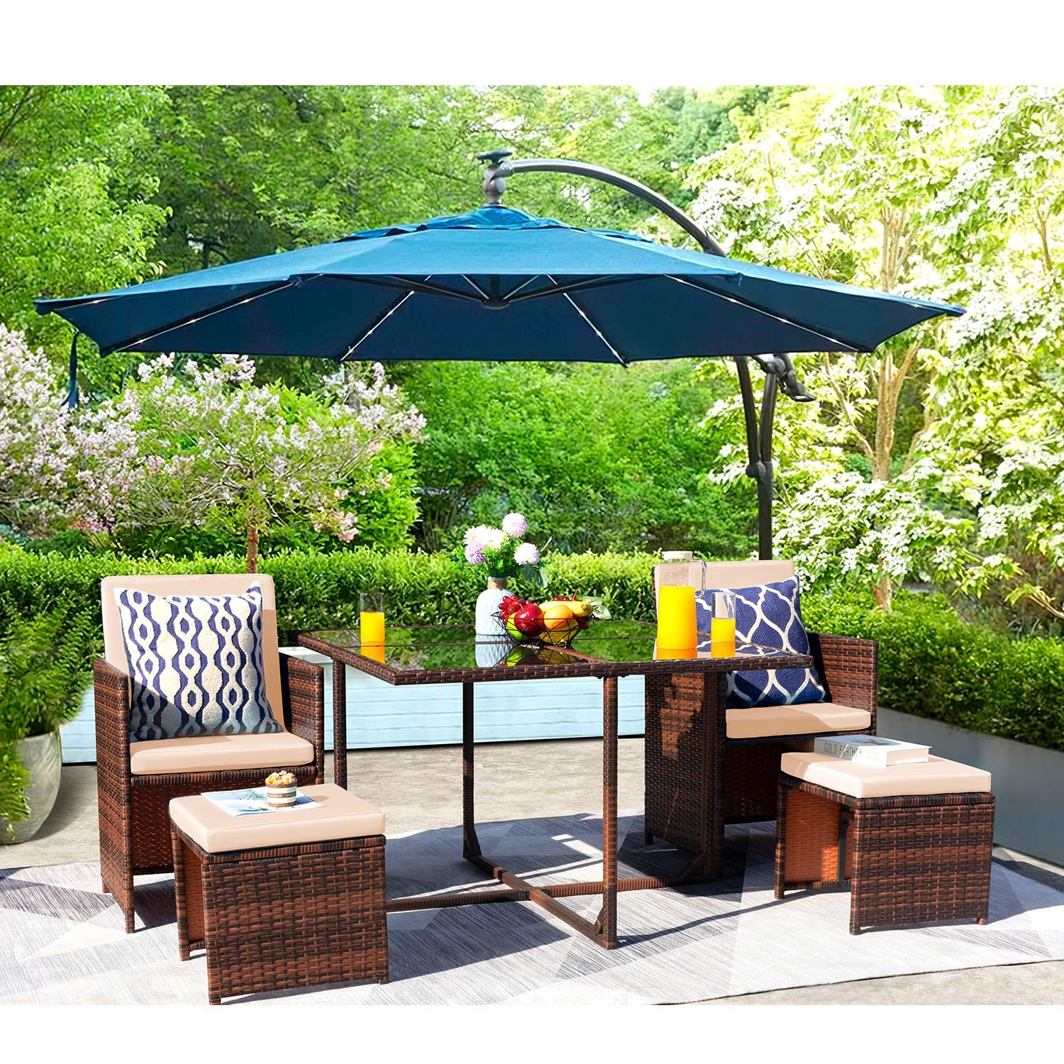 KaiMeng 5-Piece Patio Dining Set - Space Saving Outdoor Furniture with Brown/Black Wicker Rattan Chairs, Glass Table & Ottomans - Perfect for Balcony, Porch, Garden or Backyard Relaxation (Beige)