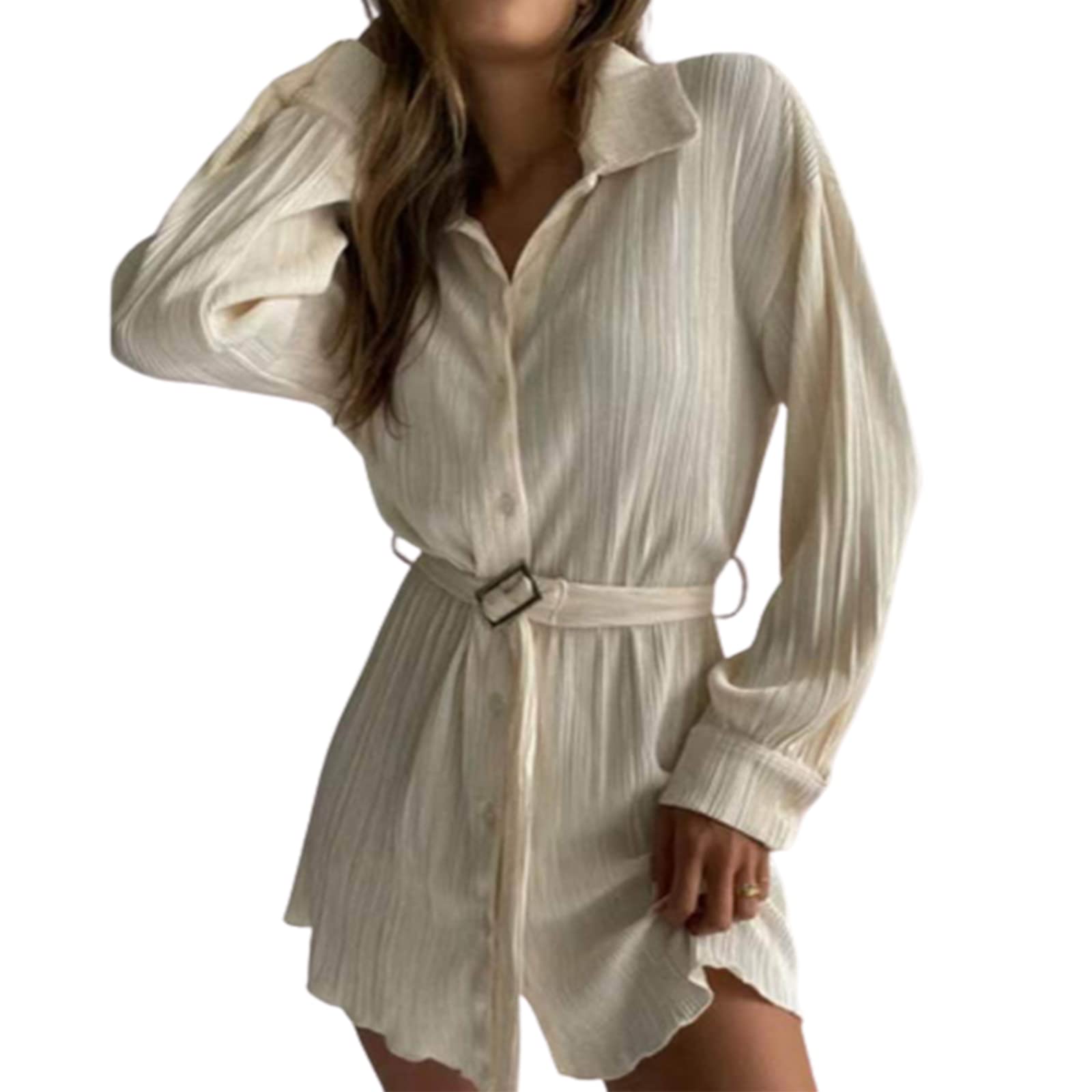Women's Sexy Pleated Mini Shirt Dress - Long Sleeve Collared Button Down Pencil Dress with Lace Up Belt | Summer Sundress for Office, Date Night & Cocktail Parties