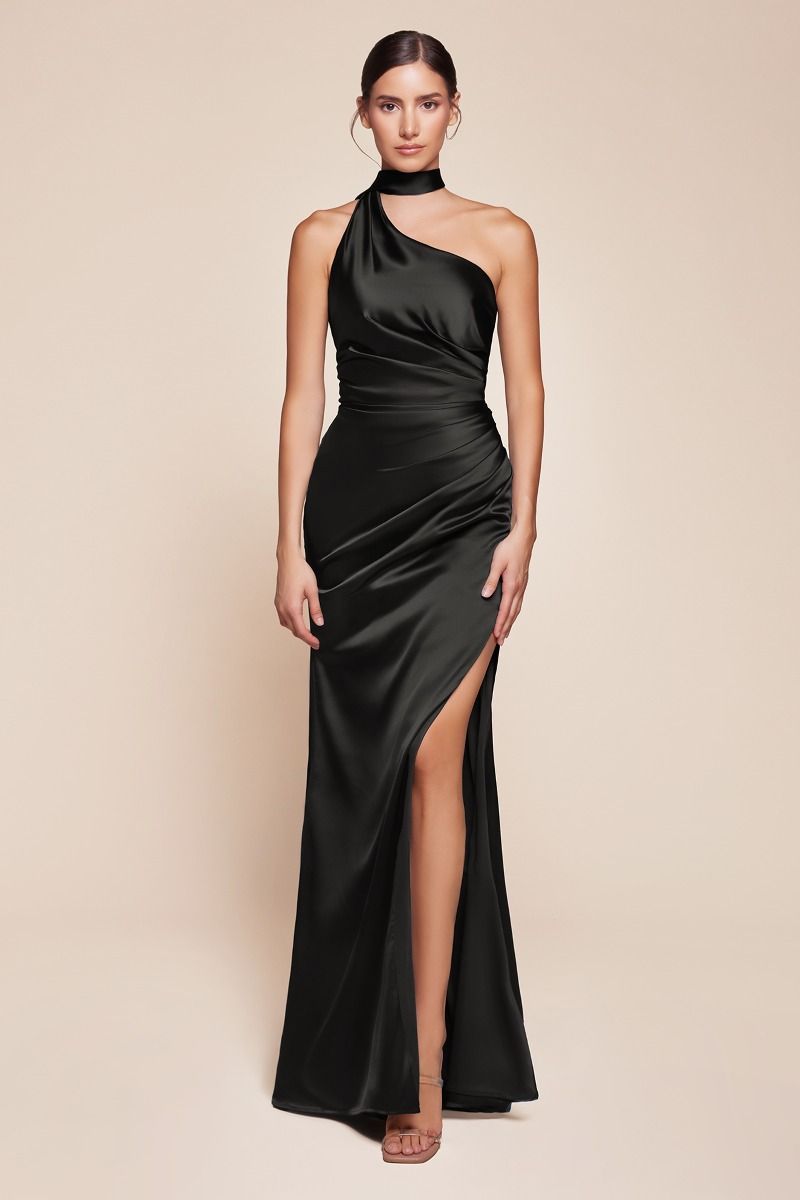 Bryce Gown - Elegant Black One Shoulder Luxe Satin Fitted Evening Dress for Prom, Wedding & Formal Events
