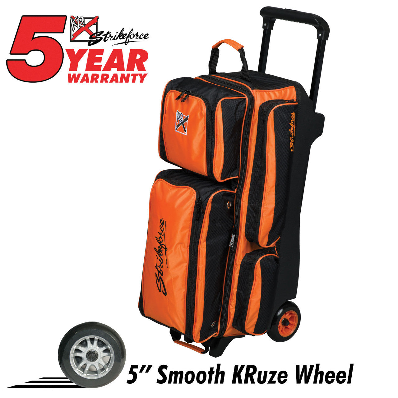 KR Strikeforce Konvoy Triple Roller Bowling Bag - Black/Orange | Heavy Duty 3-Ball Rolling Case for League & Tournament Bowlers | Perfect for Travel & Storage