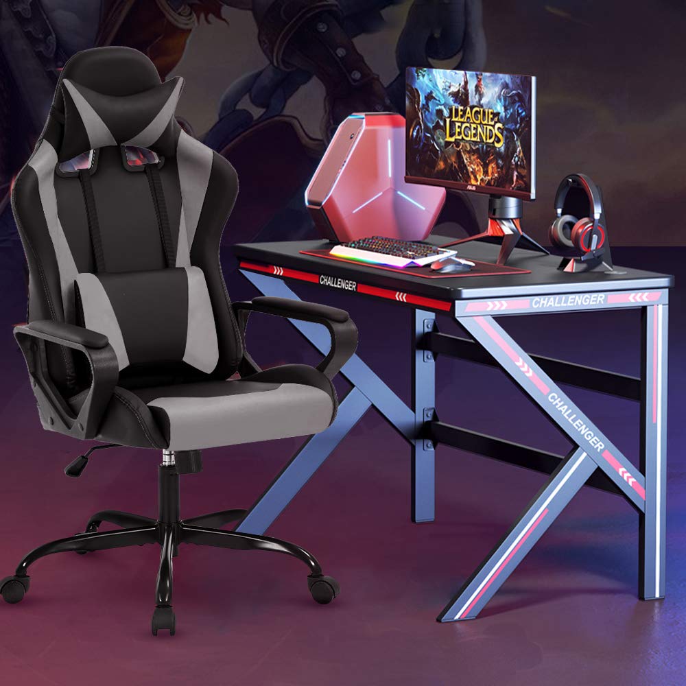 Ergonomic Gaming Chair with Headrest & Lumbar Support - Adjustable Height PU Leather Computer Desk Chair for Office, Racing & Video Games - 360° Swivel Executive Chair (Grey) - Perfect for Home Office, Gaming Setup & Esports Tournaments
