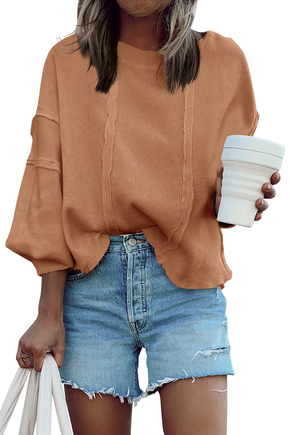Panadila Women's Oversized Waffle Knit Pullover Sweater - Soft Long Sleeve Round Neck Tunic Top for Casual Wear | Perfect for Fall Layering, Coffee Dates & Weekend Outfits
