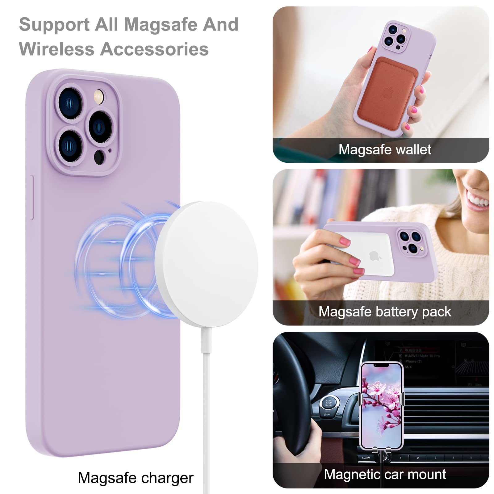 MCFANCE Magnetic Silicone Case for iPhone 13 Pro (6.1 inch 2021) - MagSafe Compatible, Shockproof Cover with Full Camera Protection & Soft Microfiber Lining - Light Purple | Perfect for Everyday Use, Travel & Wireless Charging