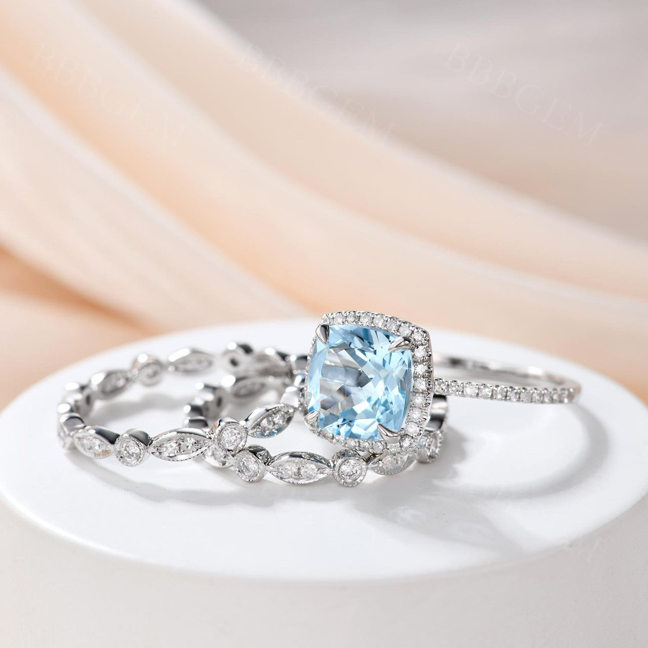 2.2 Carat Cushion Cut Aquamarine and Diamond Bridal Set, 14K White Gold Wedding Ring with Full Eternity Band - Perfect for Engagement, Anniversary, and Art Deco Style Jewelry Lovers