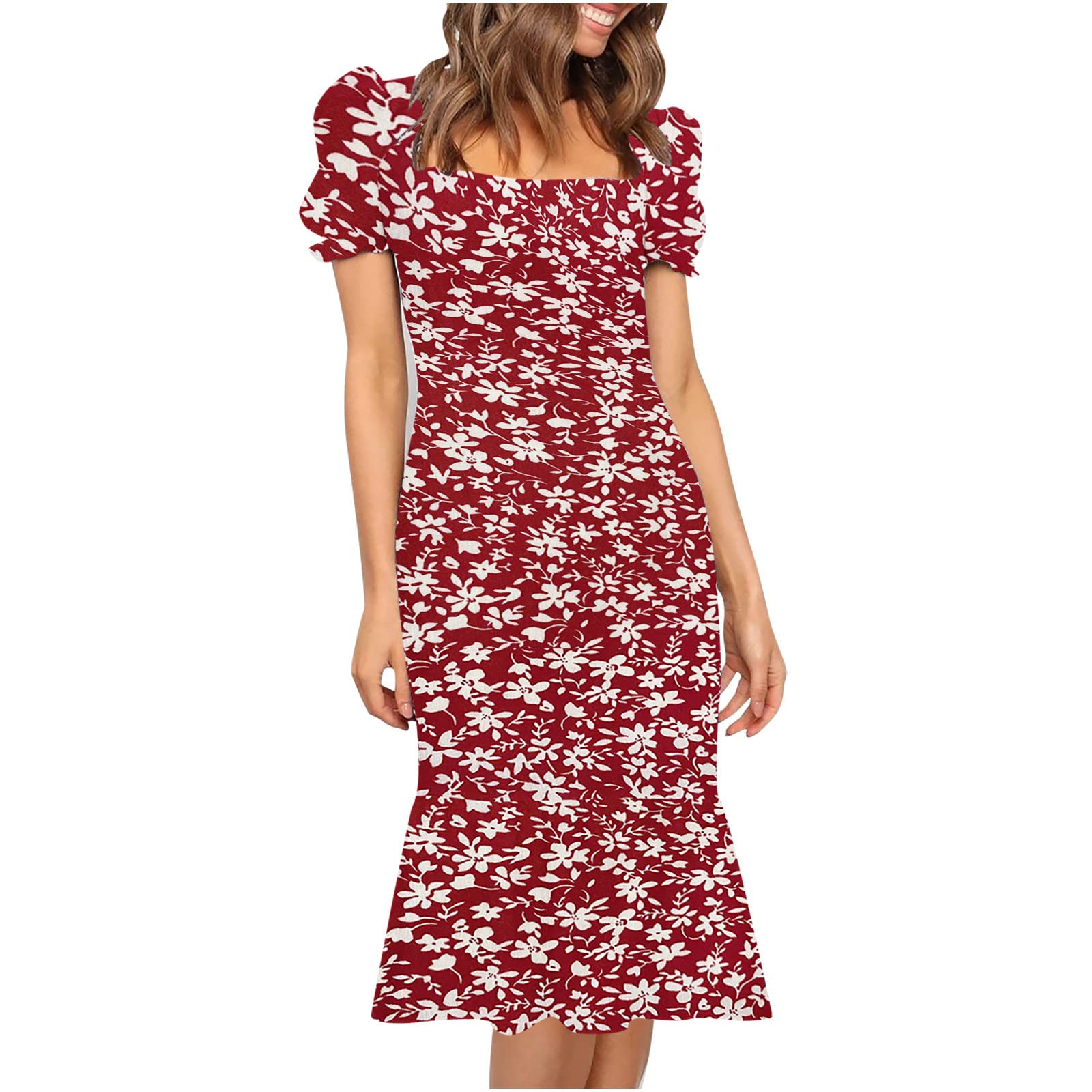 YZHM Women's Floral Summer Dress - Puff Short Sleeve, Square Neck Midi Dress, Bohemian Style for Casual Wear, Beach Party & Sun Outings | Perfect for Vacations, Date Nights & Outdoor Events