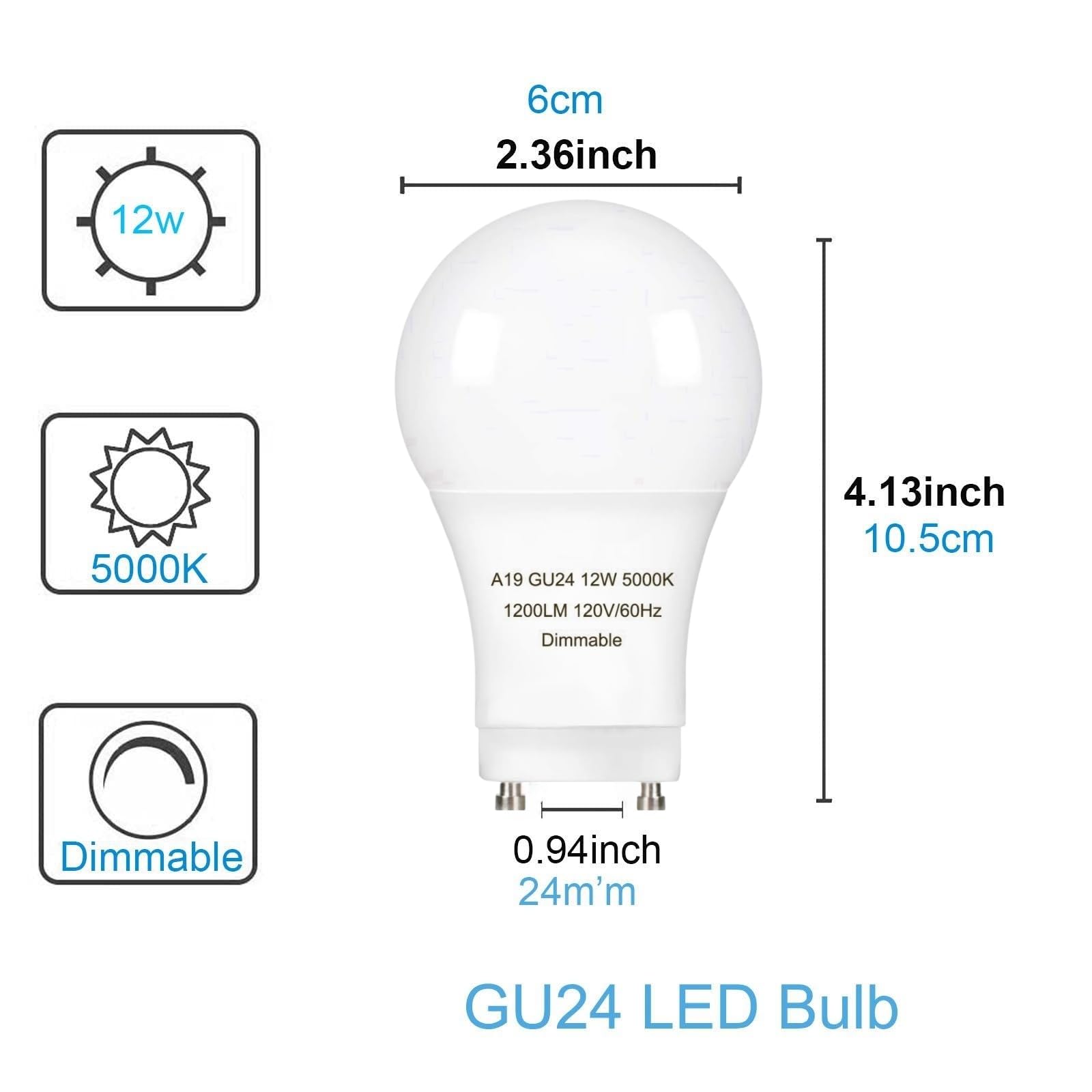 GU24 LED Bulbs 5000K Daylight White - Dimmable 12W (75W Equivalent) A19 Light Bulbs, 1200 Lumens, GU24 Twist Base - 4 Pack - Perfect for Home, Office & Commercial Lighting
