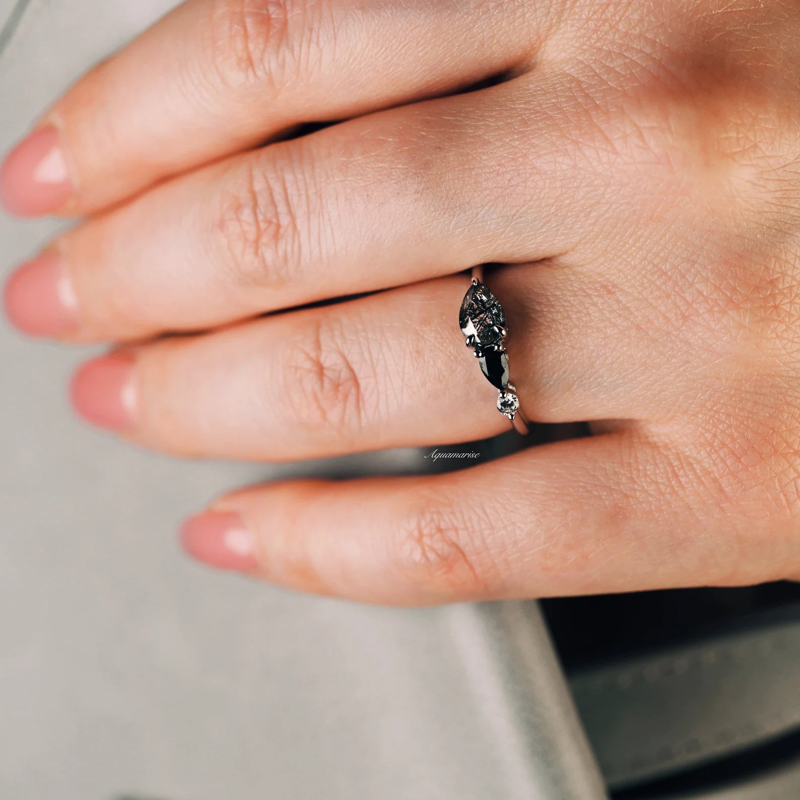 Natural Rutilated Quartz & Black Onyx Sterling Silver Ring for Women - Elegant Healing Crystal Jewelry for Meditation, Energy Balancing & Everyday Wear