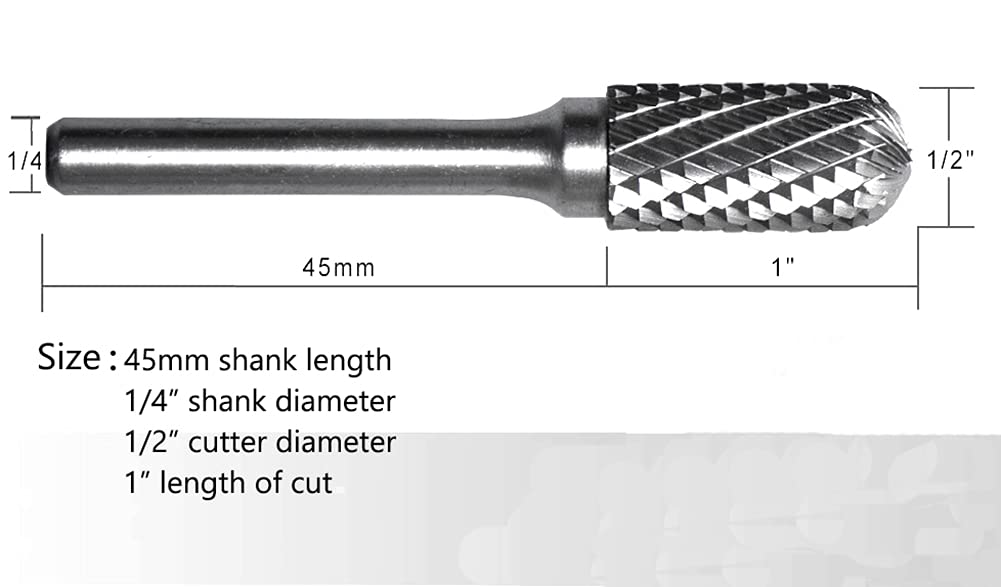 SC-5 Tungsten Carbide Rotary Burr Set - 5 Pack Cylinder Shape with Radius End, 1/2” Cutter Dia x 1” Length, 1/4